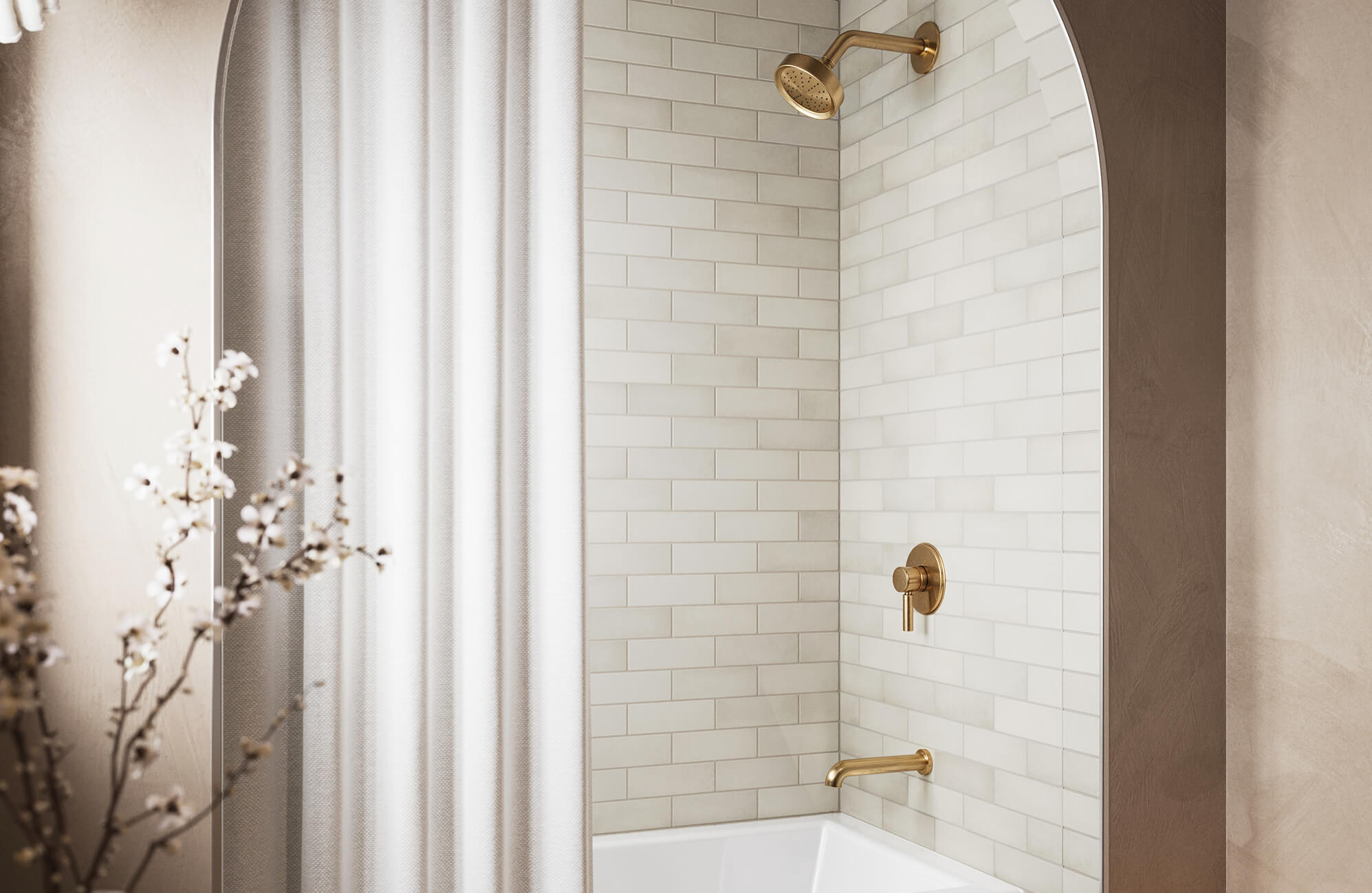 null Bathroom shower with classic matte subway bathroom tile walls, accented by warm gold fixtures and soft natural lighting.