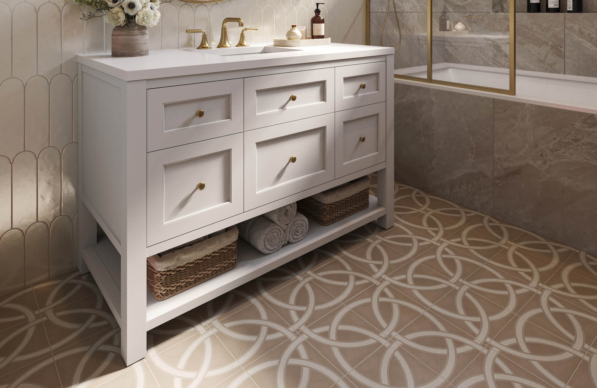 null Bathroom with enacaustic-style bathroom tile flooring and scalloped wall tiles, highlighted by warm ambient lighting and gold fixtures.