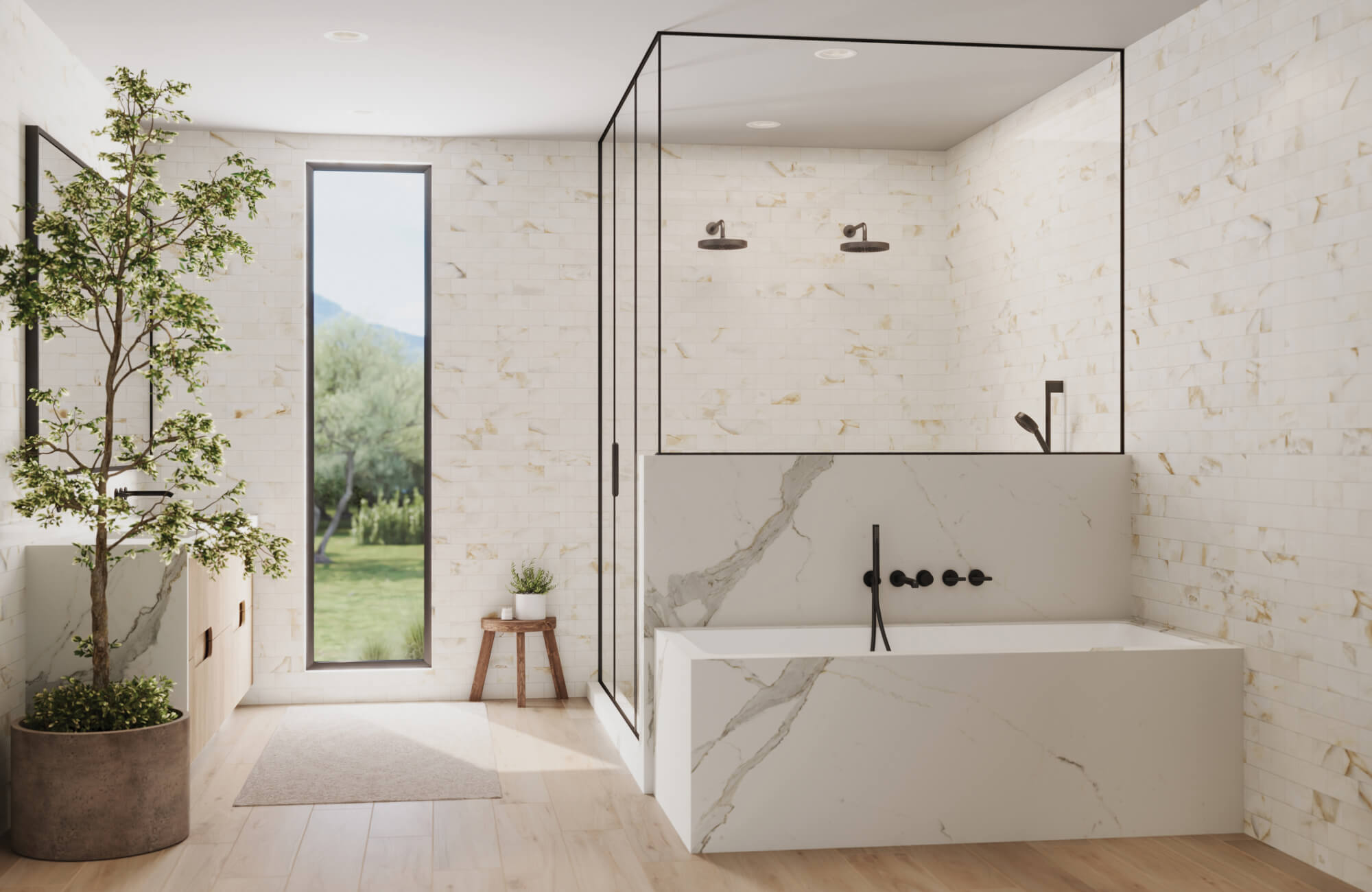 null Bathroom with marble-look bathroom tile walls and a sleek tub surround, brightened by recessed ceiling lights and natural daylight from tall windows.