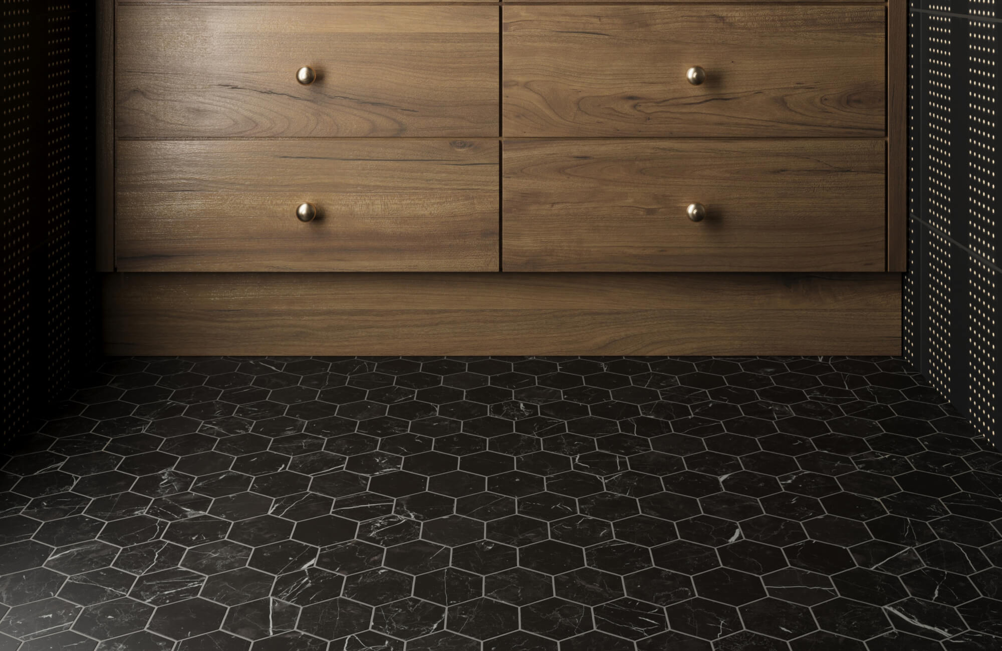 null Bathroom with bold black hexagon bathroom tile flooring, accented by soft ambient lighting that highlights the wood vanity.