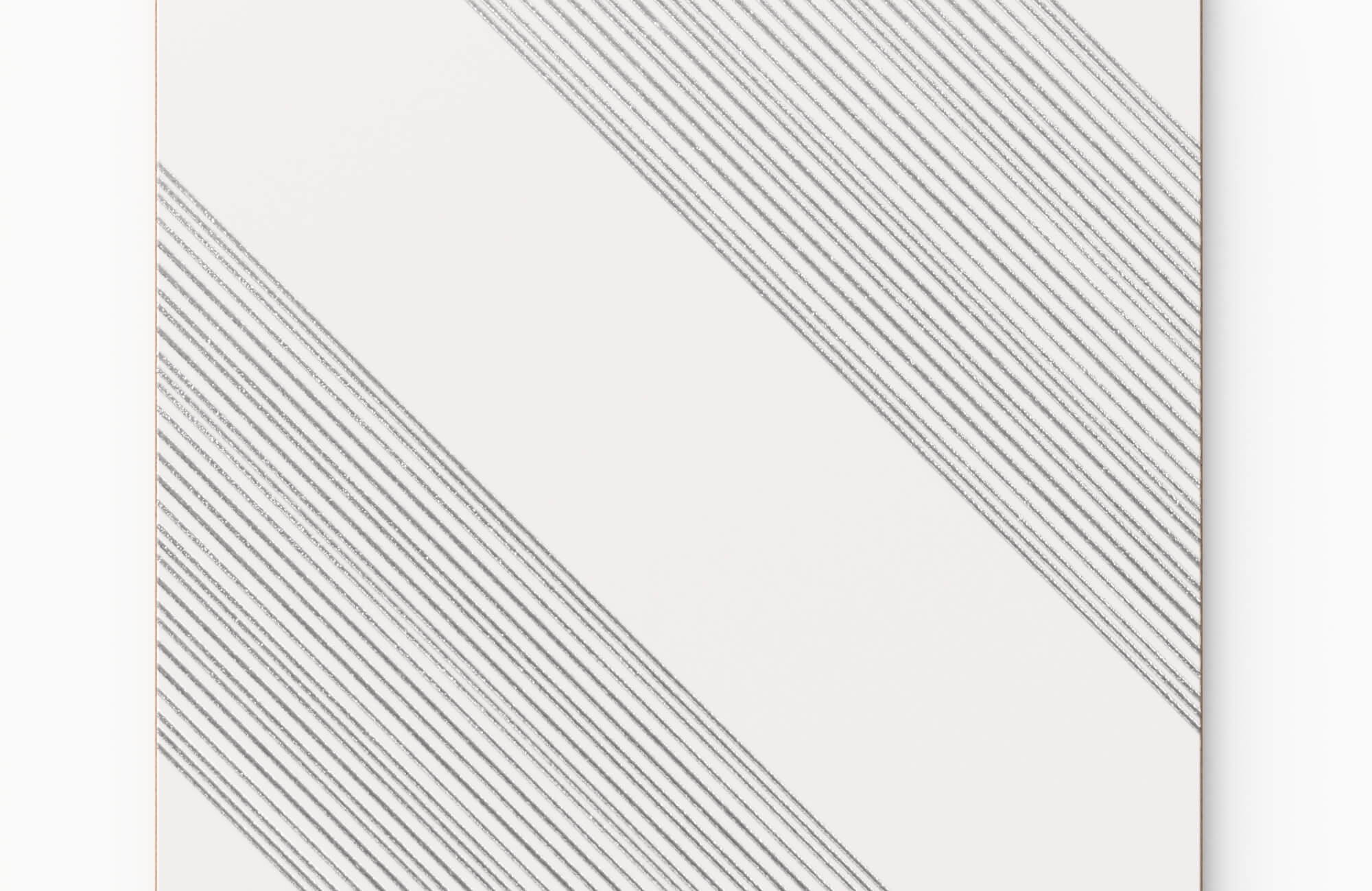 null Metallic bathroom tile with sleek diagonal silver striping on a glossy white surface, adding a modern and reflective accent.