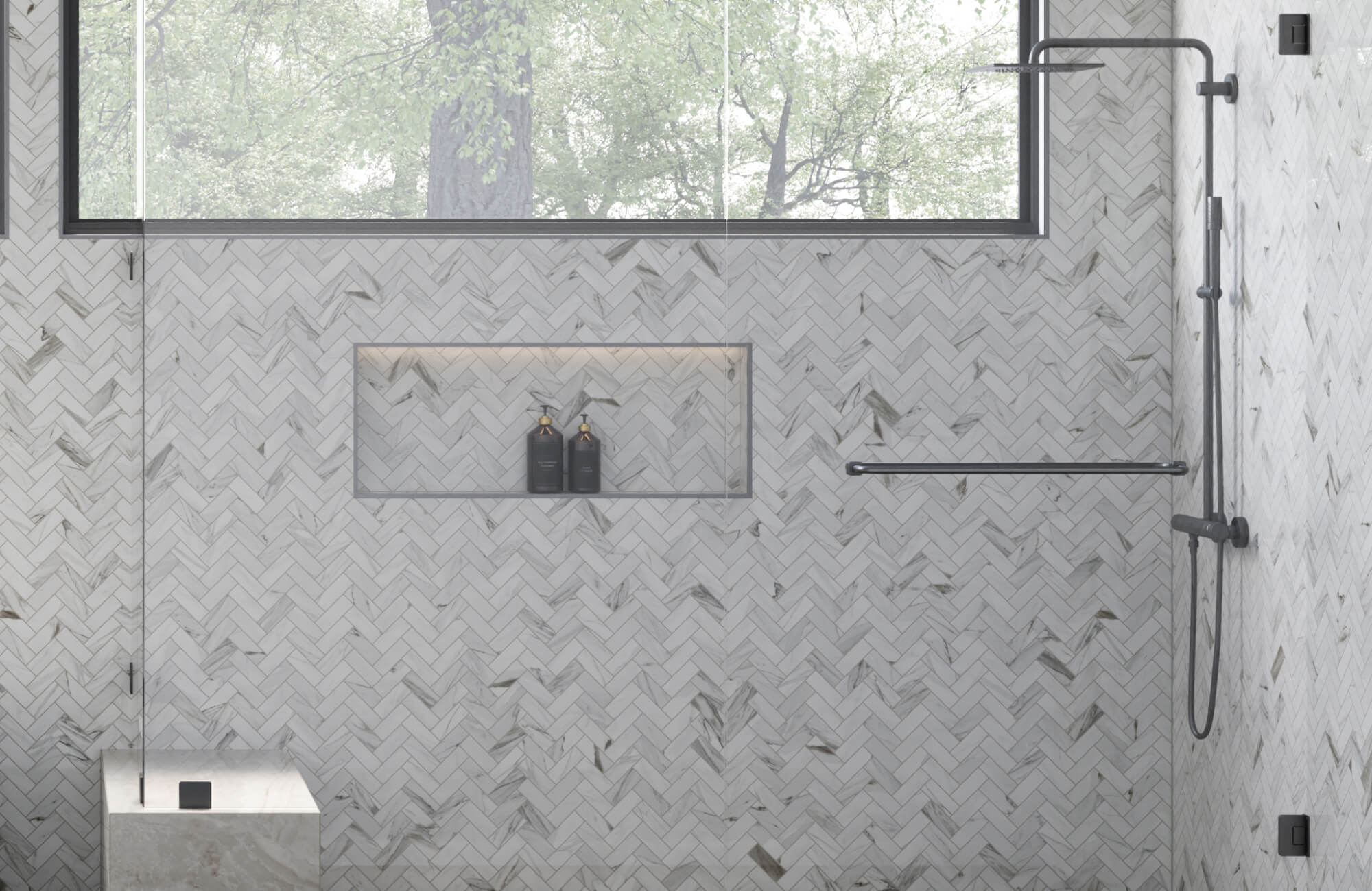 null Bathroom shower with elegant herringbone bathroom tile walls, softly illuminated by recessed niche lighting and natural daylight from a wide window.