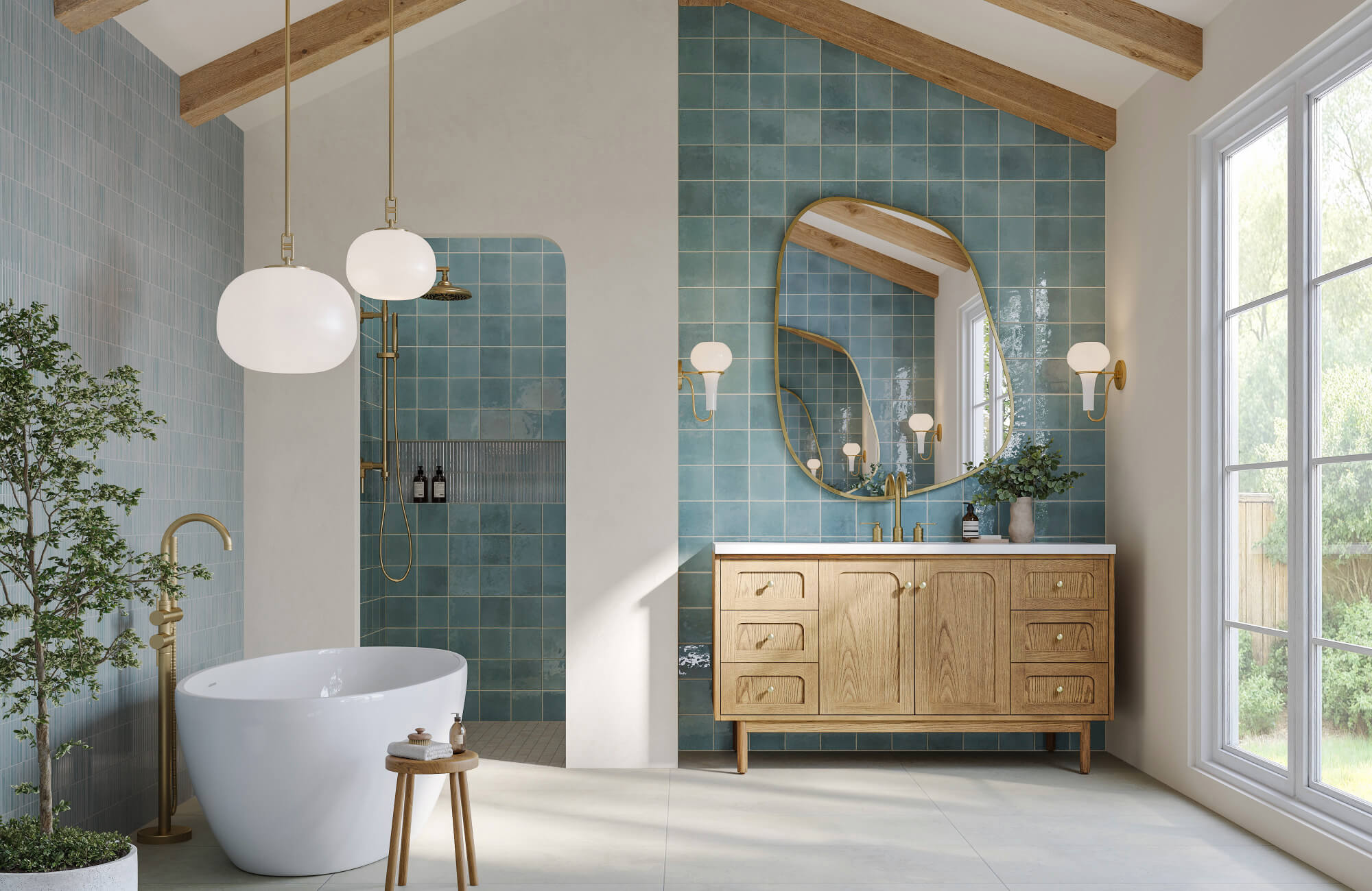 null Bathroom with vibrant blue zellige bathroom tile walls, featuring globe pendant lights and wall sconces that create a warm, inviting glow.