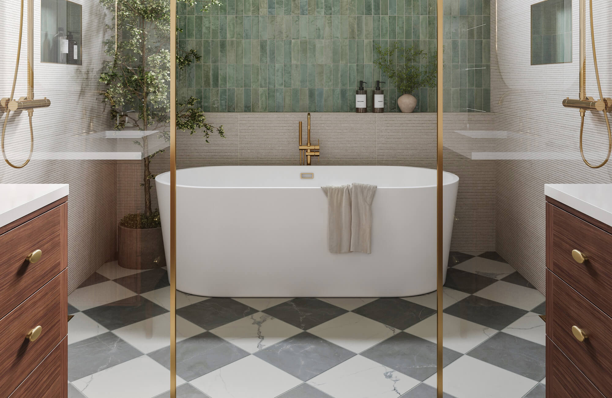 null Bathroom with striking checkerboard bathroom tile flooring and vertical green wall tiles, complemented by gold fixtures and soft natural lighting.