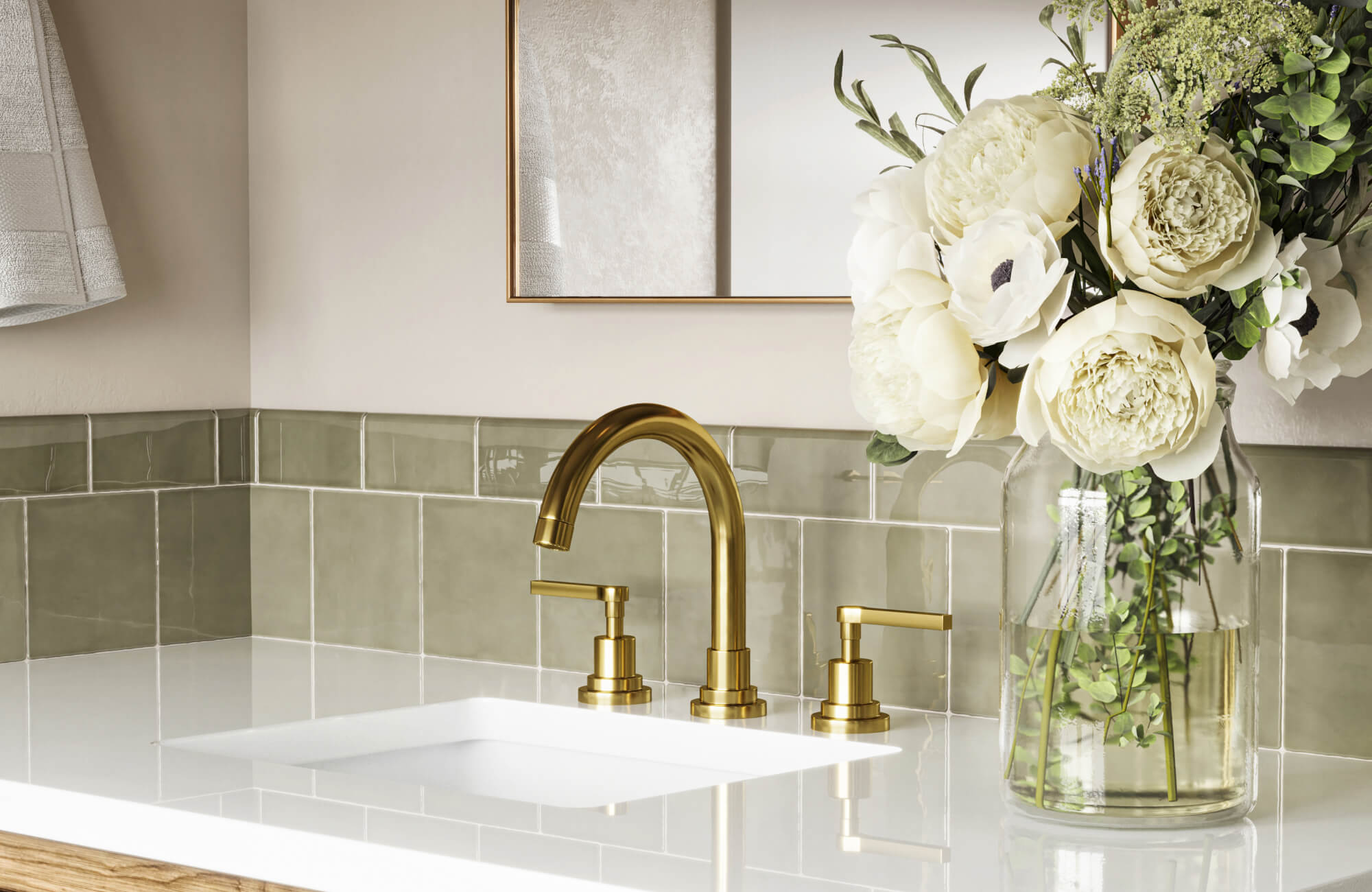 null Bathroom vanity with glossy bullnose bathroom tile backsplash in soft green, paired with gold fixtures and bright natural lighting.