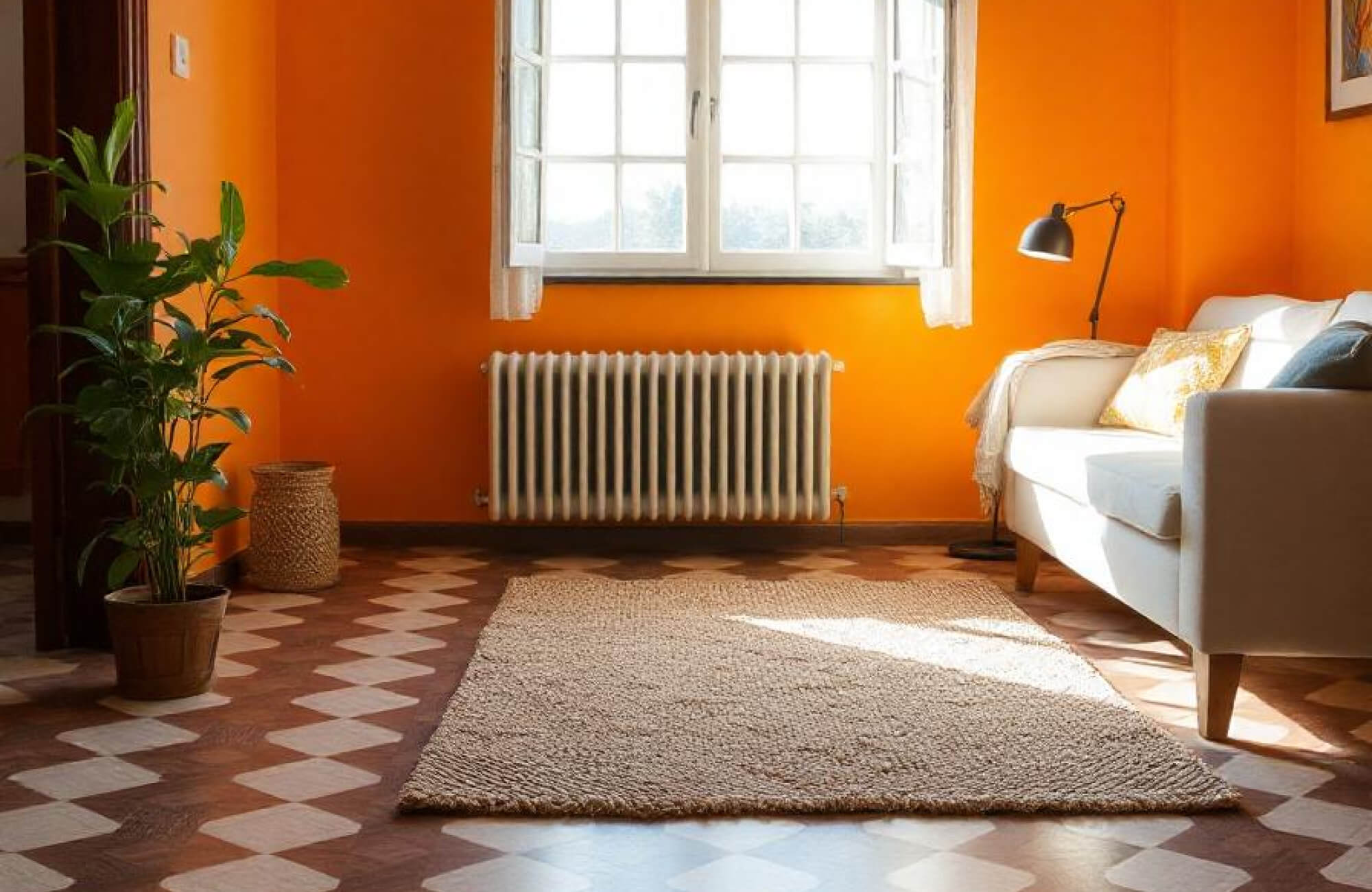 Cozy living room with vibrant orange walls, a white sofa, and patterned checkerboard flooring, complemented by a beige rug and natural light.