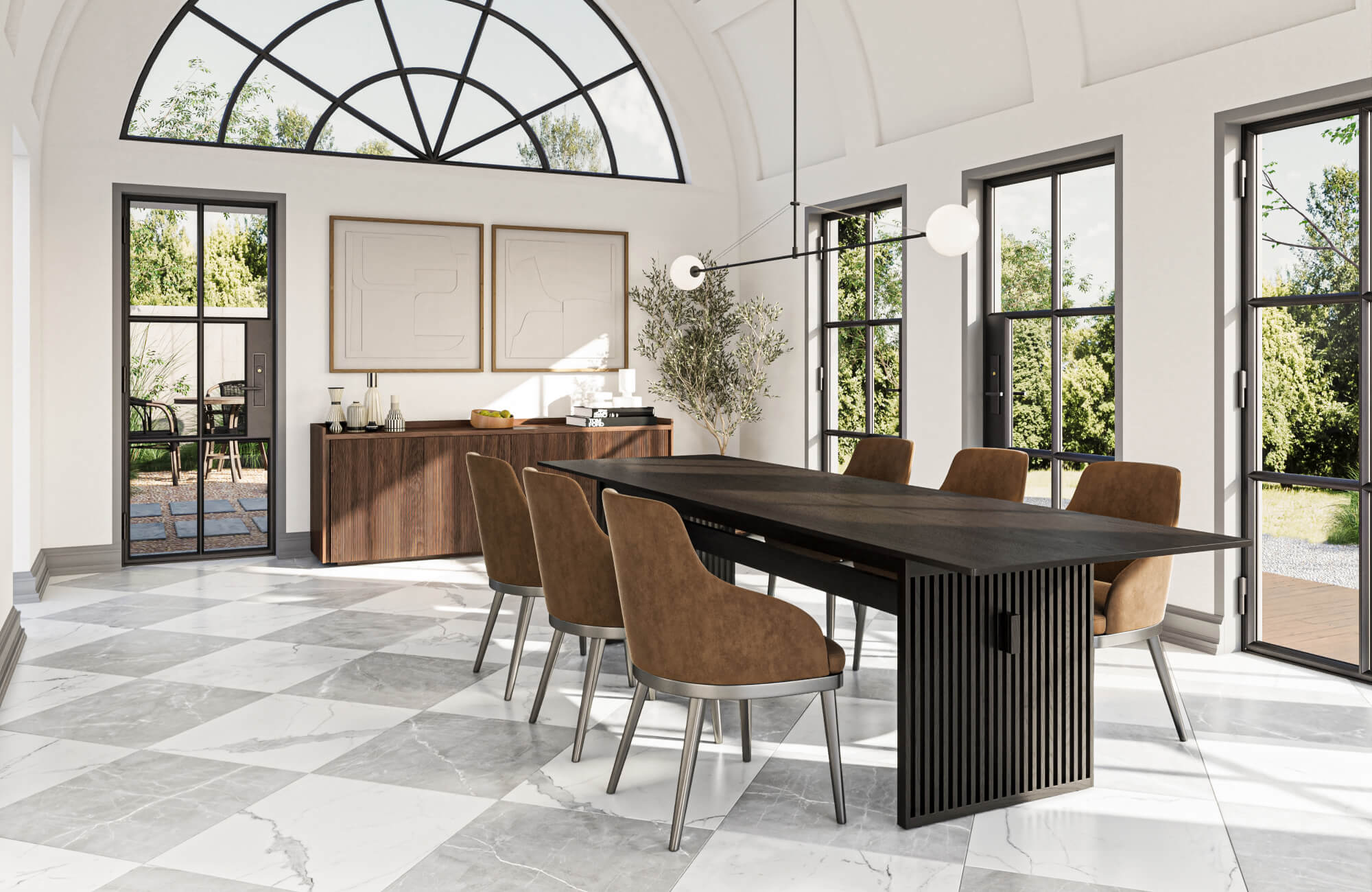 Modern dining room with large arched windows, brown suede chairs, and a sleek black table, featuring marble-look checkerboard tile flooring.