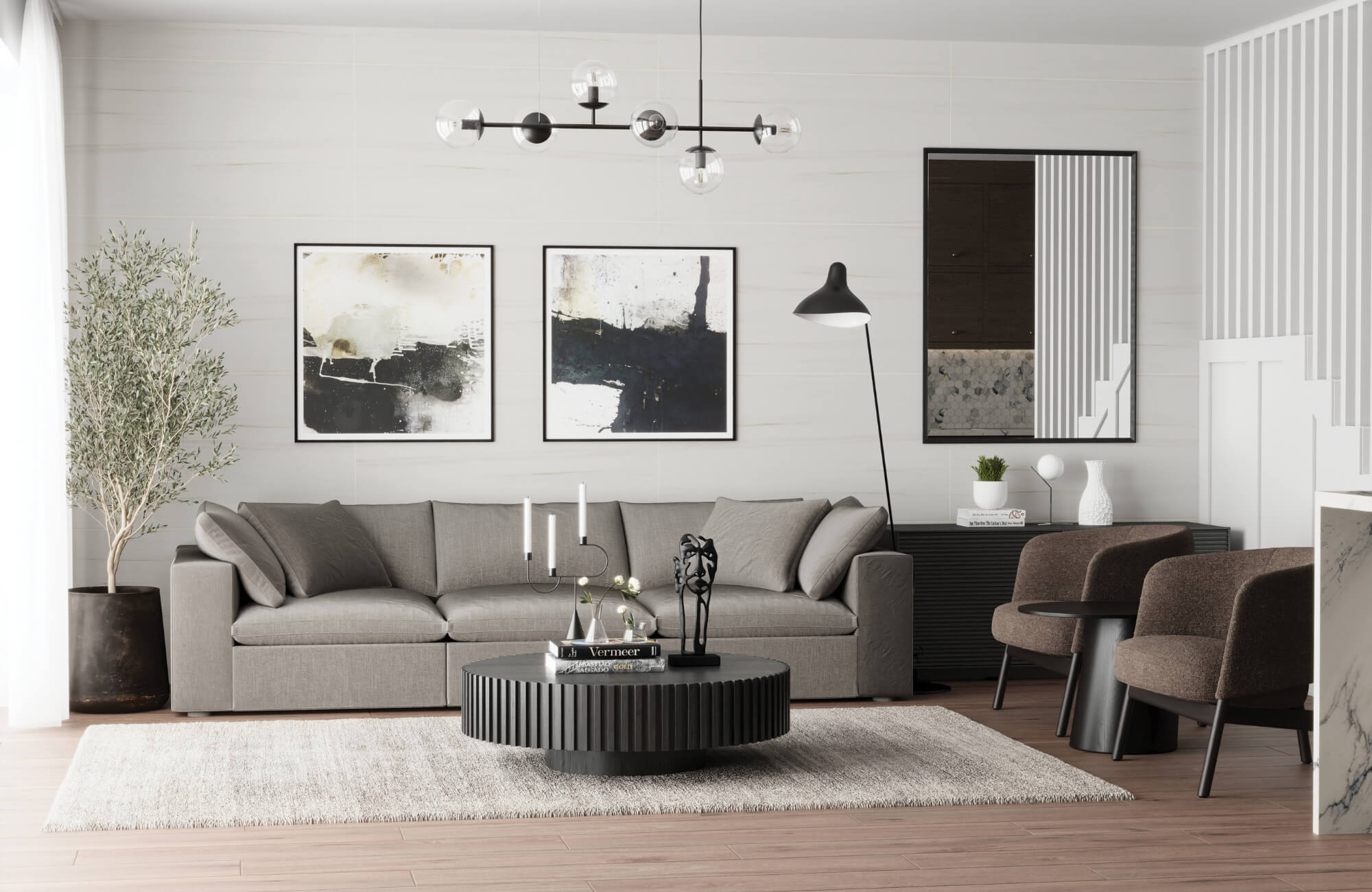 null Contemporary living room with abstract art gallery wall, neutral sofa, sculptural lighting, and round black coffee table.
