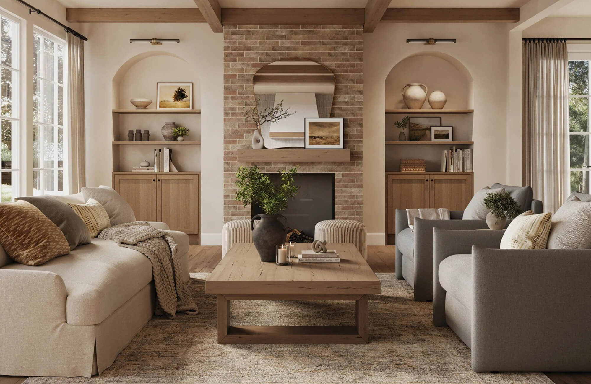 null Warm neutral living room with symmetrical built-ins, brick fireplace, and balanced gallery-style artwork display.