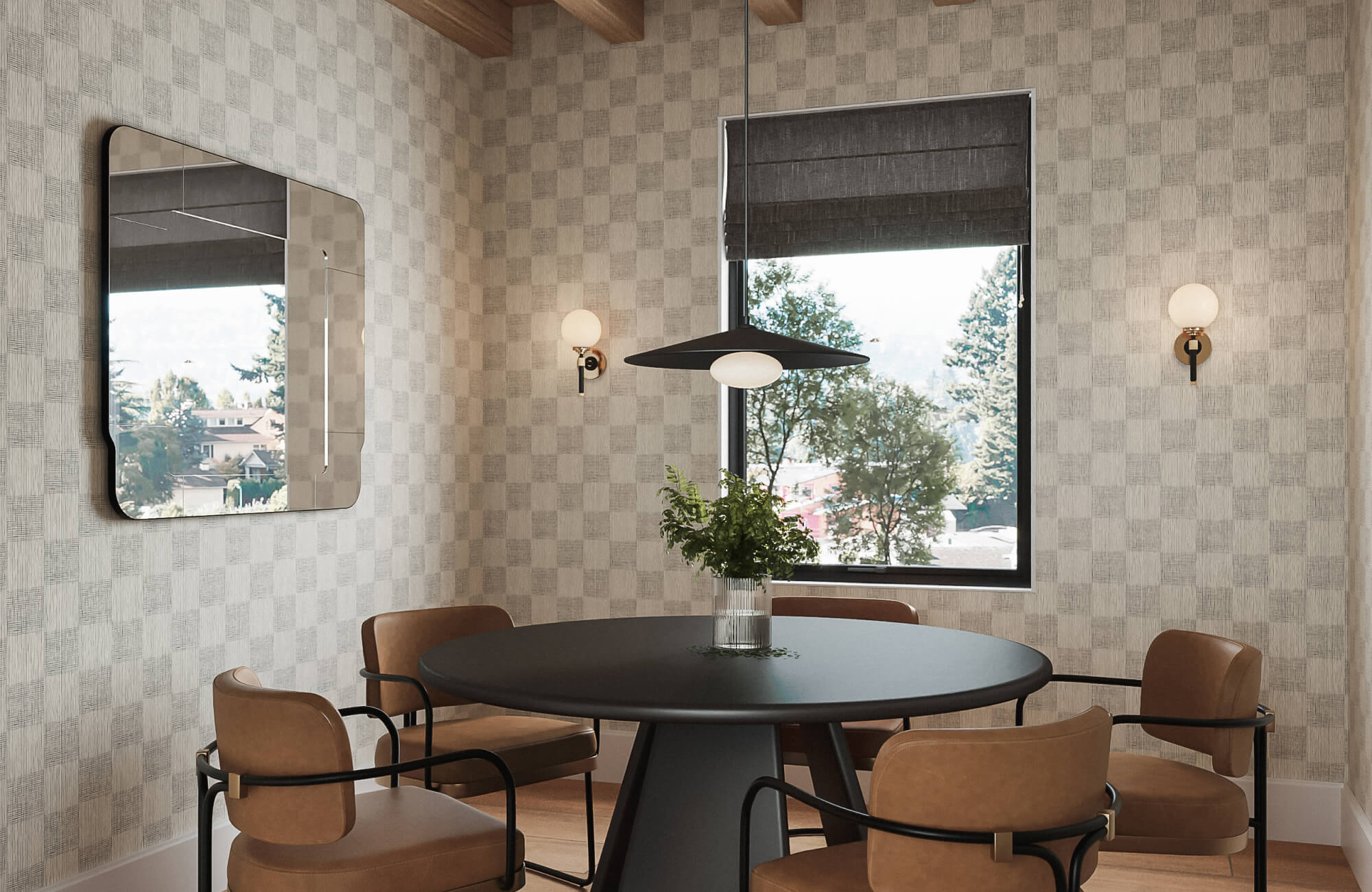Modern dining nook with textured checkerboard wallpaper, round black table, and warm leather chairs.