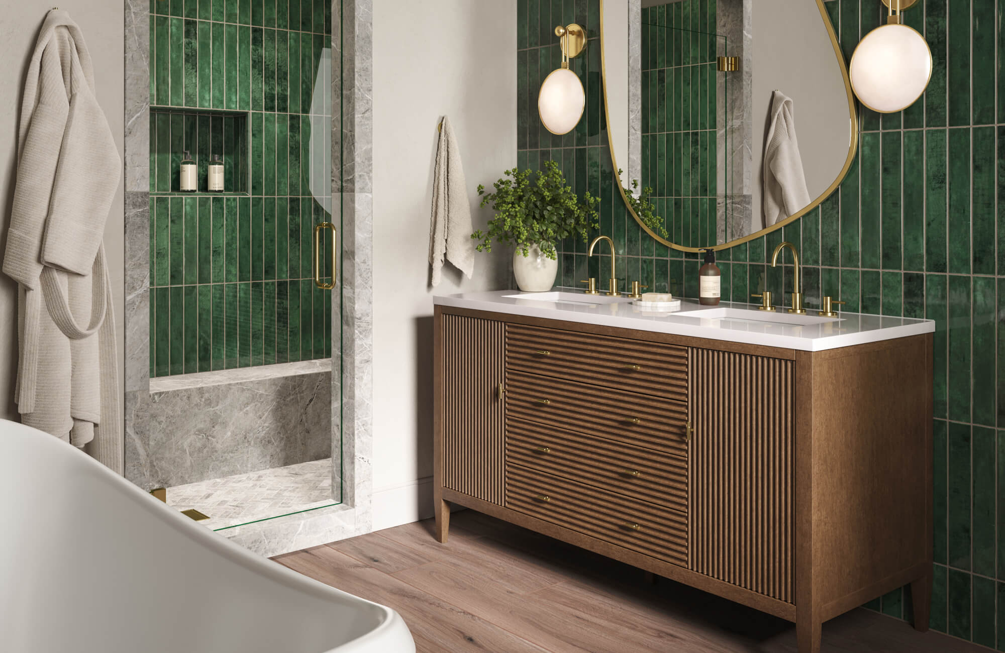 null Contemporary vanity setup featuring fluted wood cabinetry, gold fixtures, and deep green wall tiles with marble shower framing.