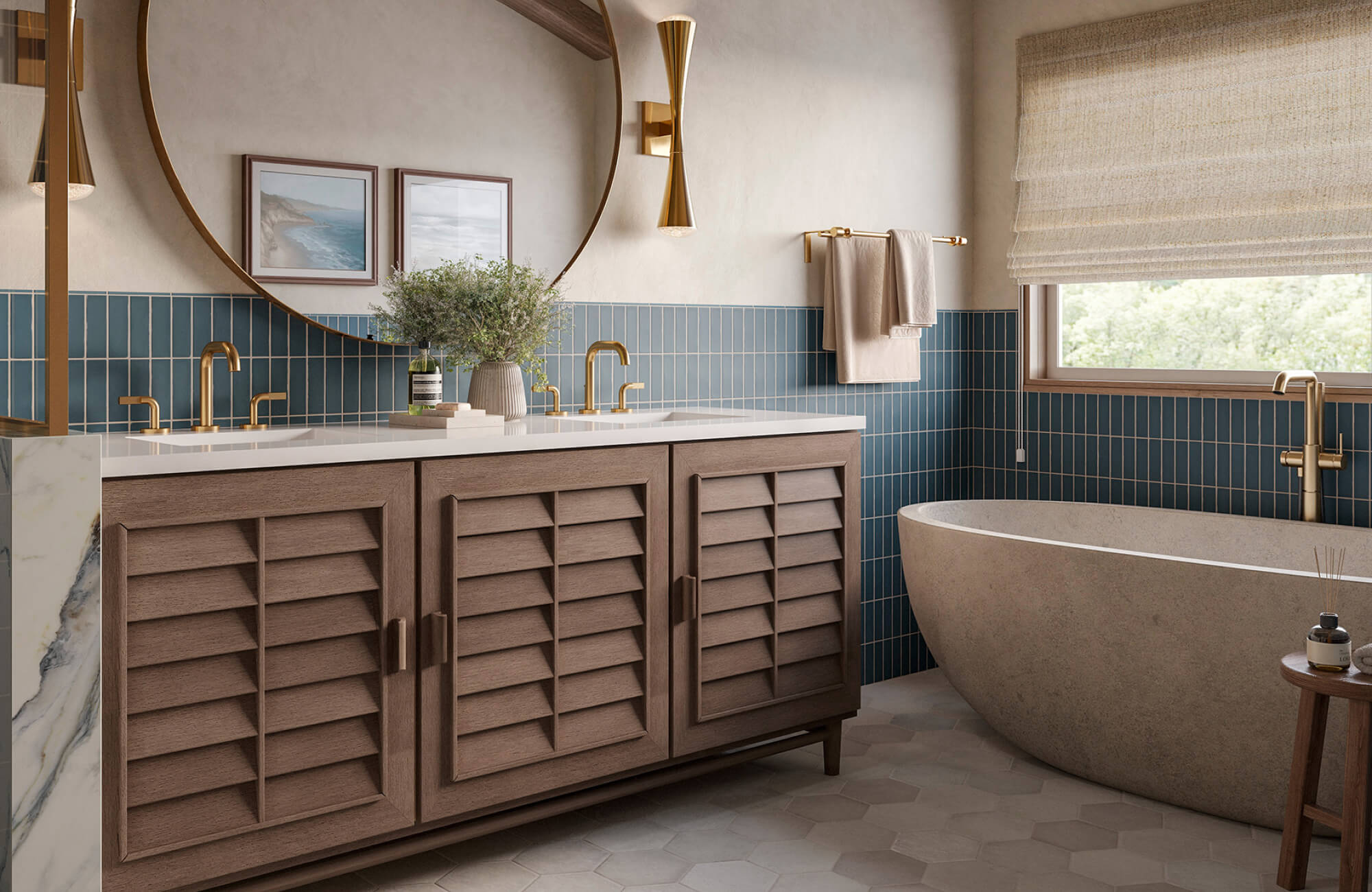 null Spa-inspired bathroom with a wood louvered vanity, gold fixtures, blue vertical tile backsplash, and a freestanding stone tub.