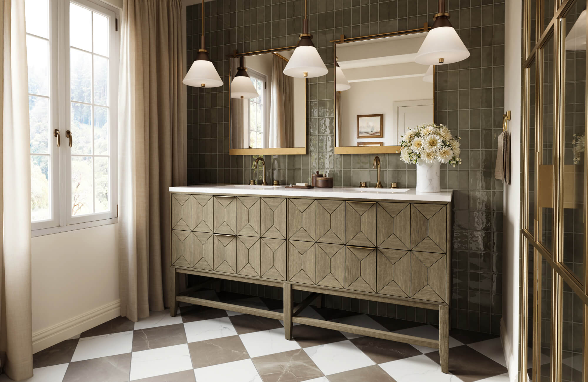 null Double vanity with patterned cabinet fronts, marble countertop, and glossy green zellige wall tiles accented by gold-framed mirrors.