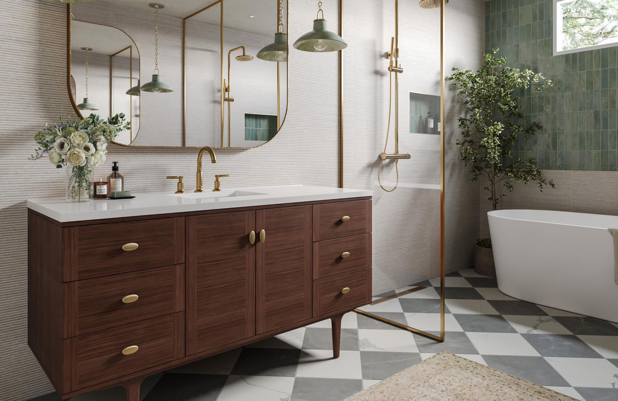 null Modern bathroom with a rich wood double vanity, gold fixtures, glass-enclosed shower, and freestanding tub against green wall tiles.