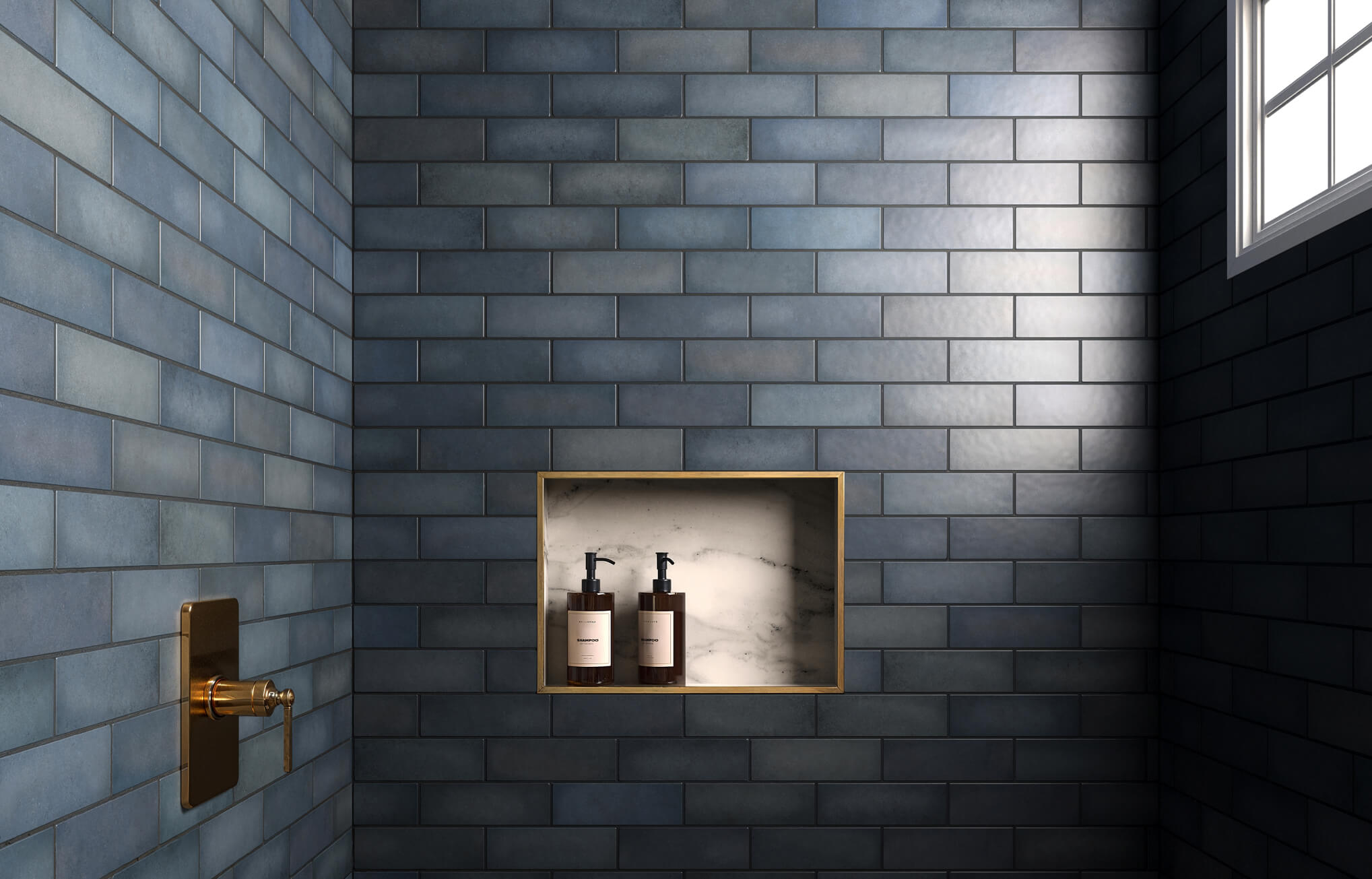 null Matte denim subway tiles in a classic running bond pattern bring depth to a shower wall with a brass niche and window lighting.