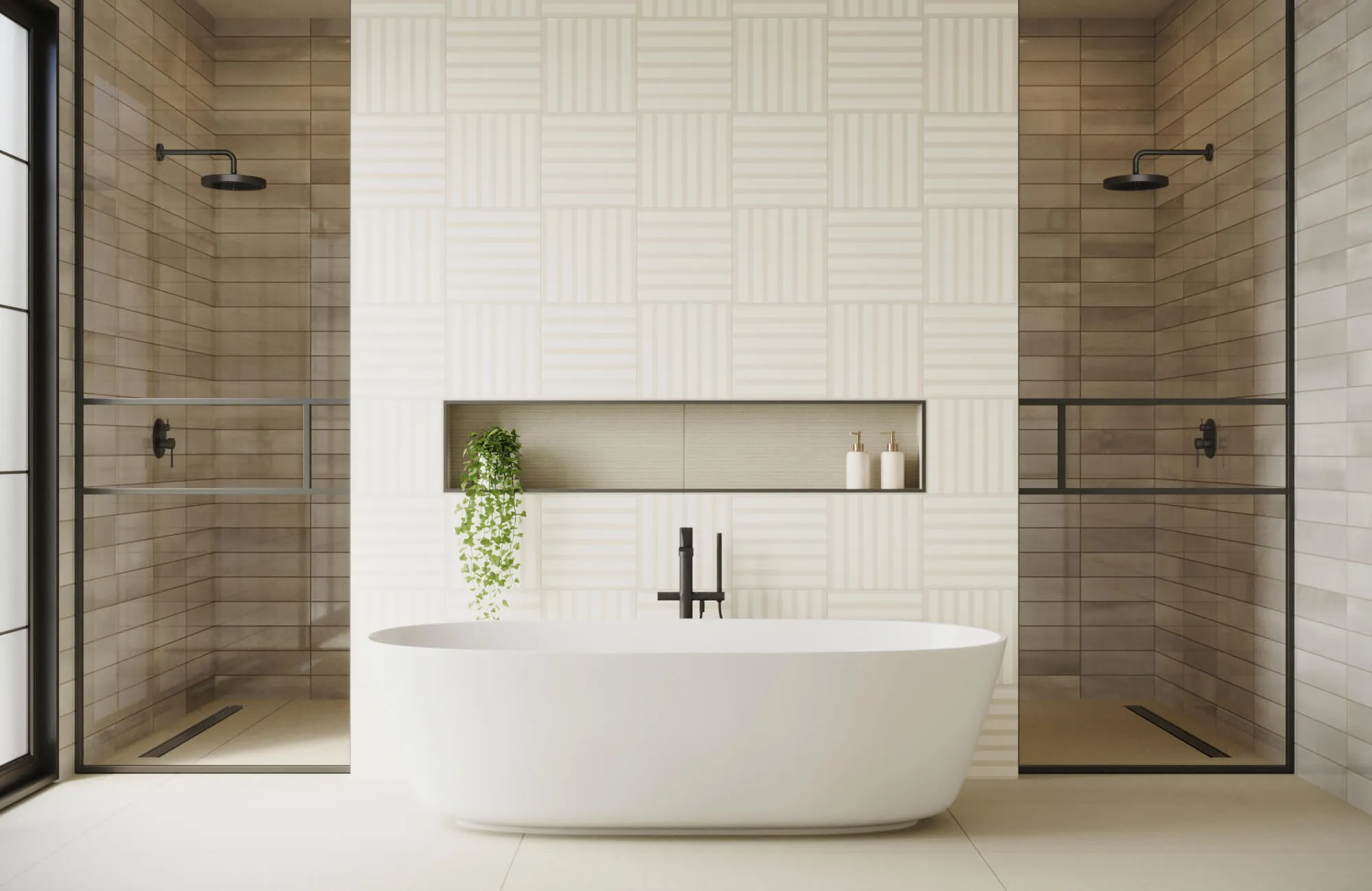 Modern bathroom with freestanding tub and large-format beige shower wall tile installation featuring built-in niche shelving.