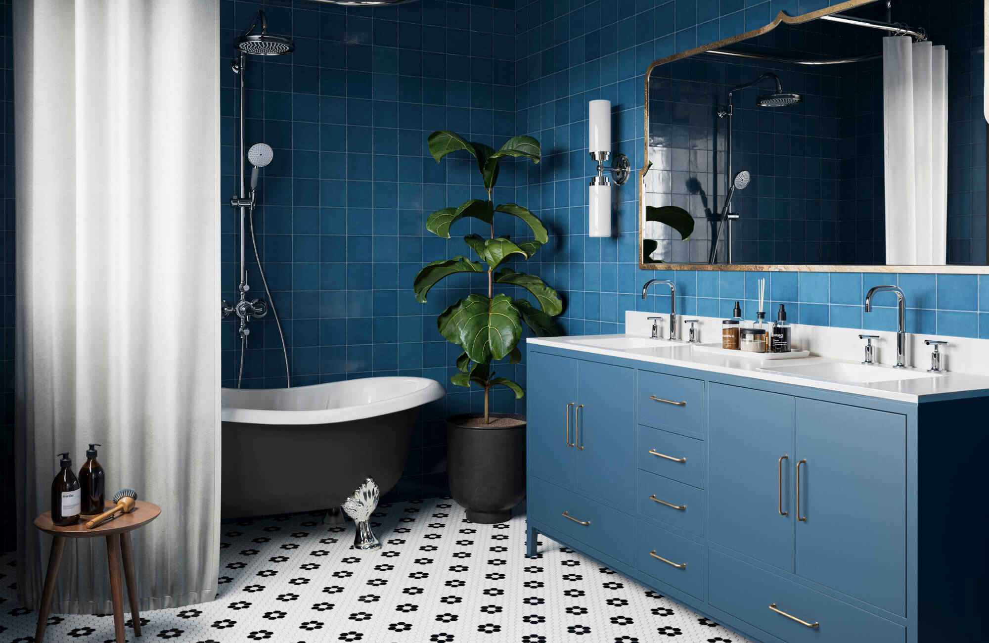 Bathroom with blue subway wall tile installation, freestanding tub, and black and white patterned floor tiles in a small shower layout.
