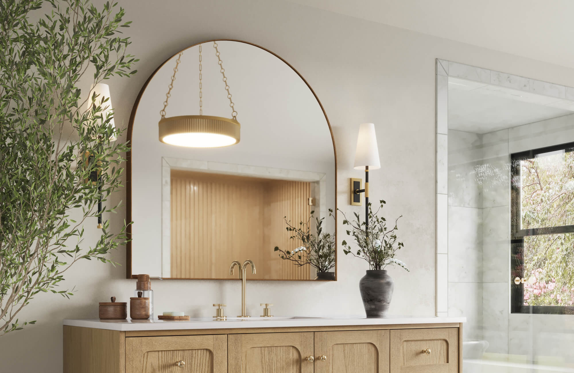 Elegant bathroom with large arched mirror above vanity, accented by pendant and sconce lighting for ideal mirror placement.