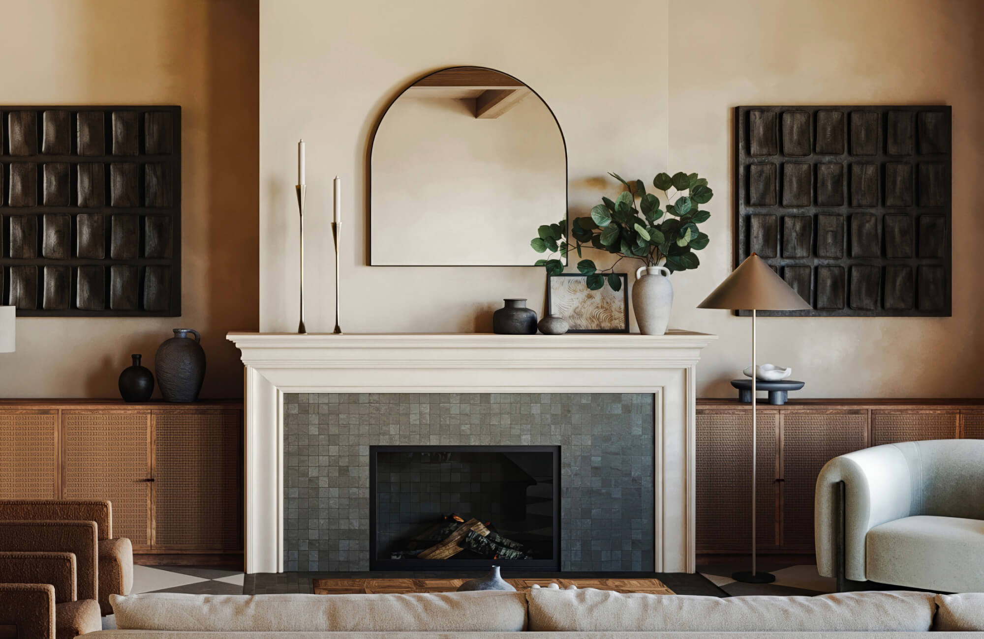 Arched mirror above fireplace in elegant living room, showcasing expert mirror placement for warmth and visual depth.