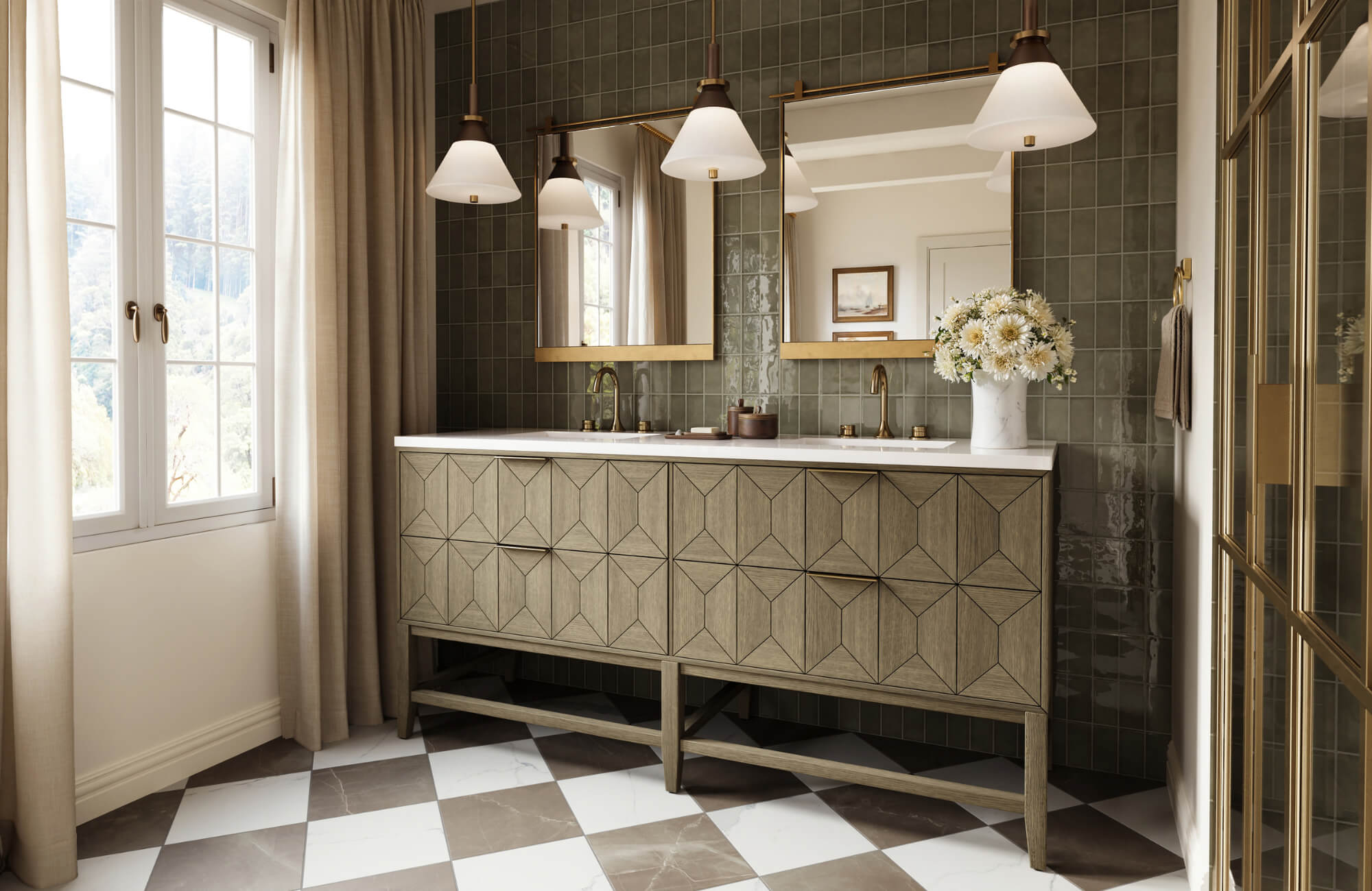 null Elegant bathroom with a geometric wood double-sink vanity, brass fixtures, twin mirrors, and natural light from a large window with curtains.