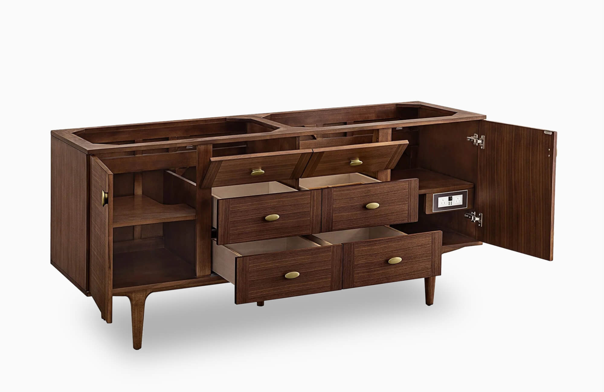 null Open view of a 72 inch wooden vanity featuring multiple drawers, tilt-out trays, interior shelving, and a built-in power outlet.