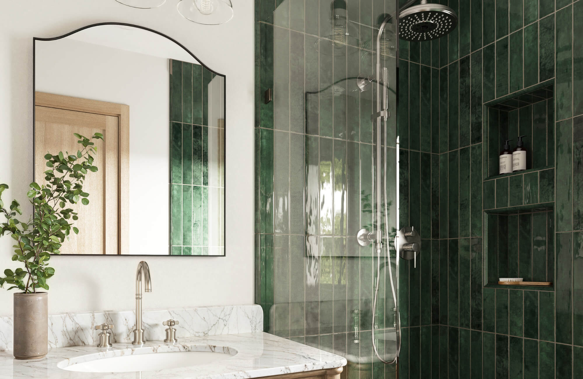 null Elegant bathroom with a scalloped arched mirror, marble vanity, green tiled shower, and brushed nickel fixtures for a modern classic look.