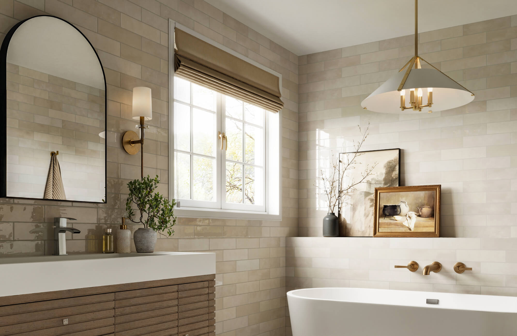 null Neutral-toned bathroom with a black-framed arched mirror, modern vanity, freestanding tub, and warm brass fixtures for a serene, elegant look.