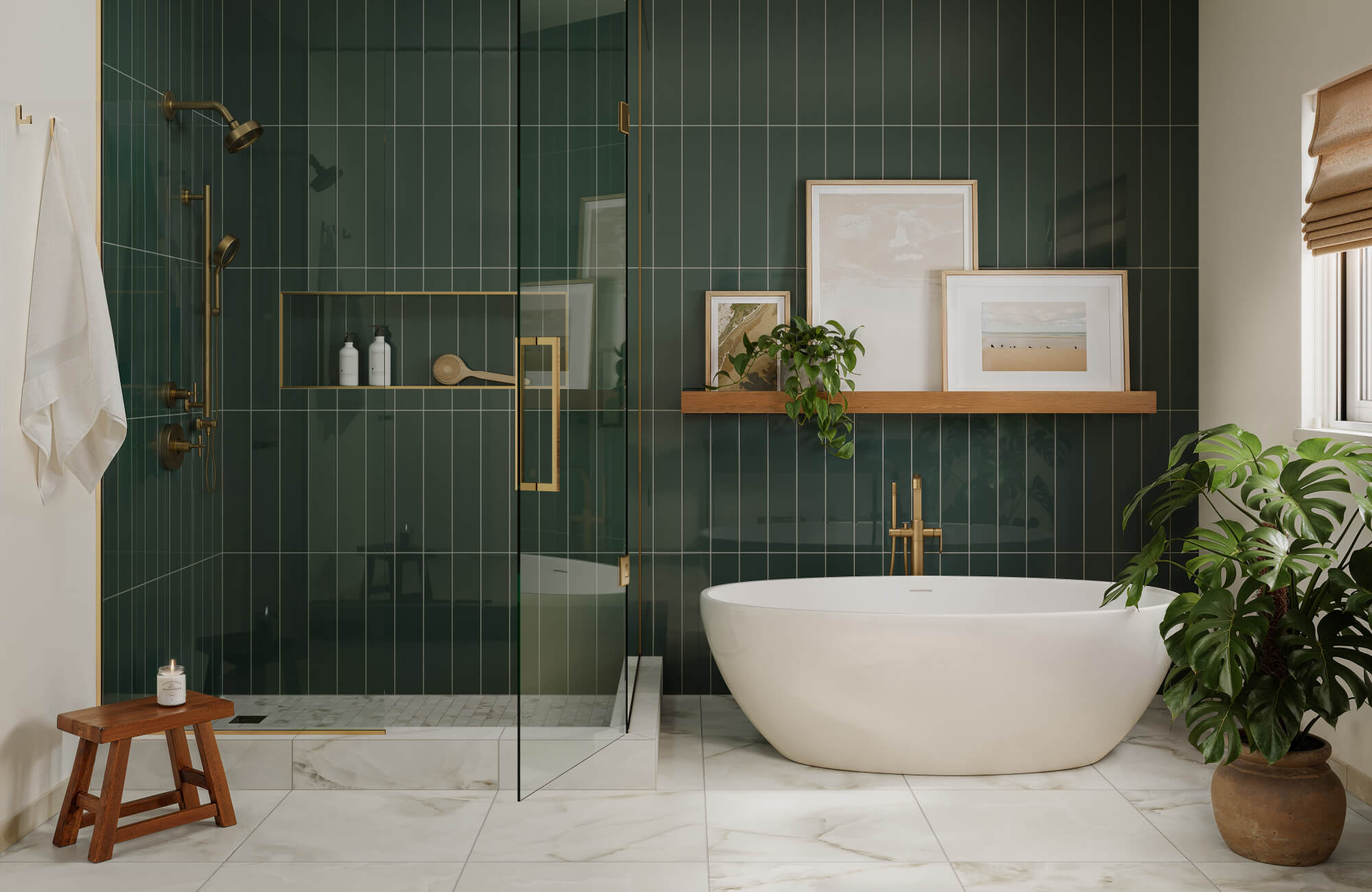 null Dark green vertical subway tile bathroom wall with freestanding tub, glass shower enclosure, brass fixtures, and wood shelf with framed art and plants.