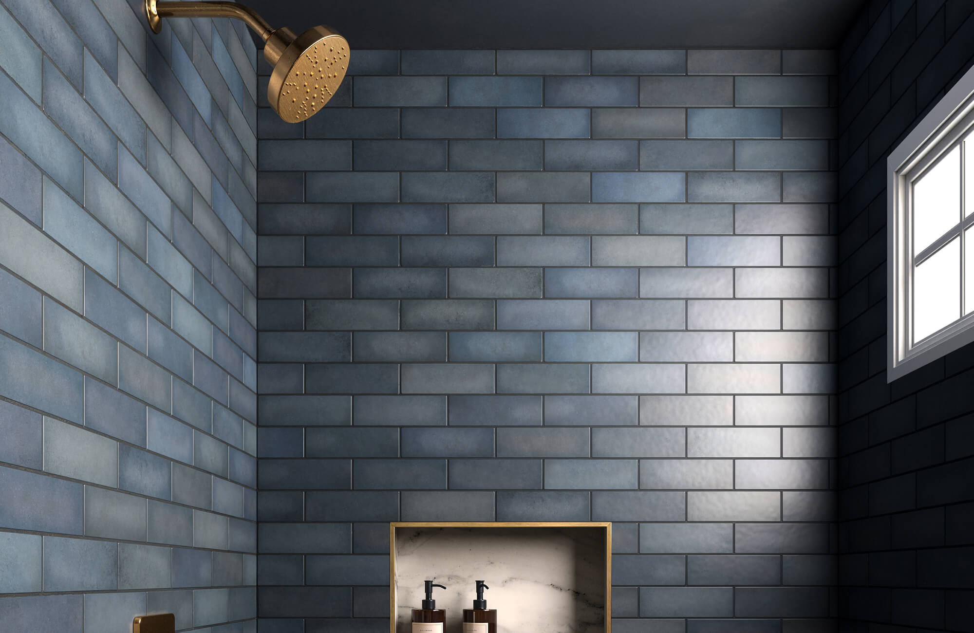 null Blue subway tile shower wall in horizontal brick layout with brass rainfall shower head and marble niche shelf.