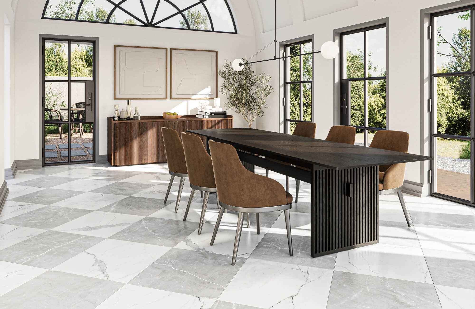 Polished white and light grey marble-look tiles in a checkerboard layout elevate a modern dining room with elegant natural light.