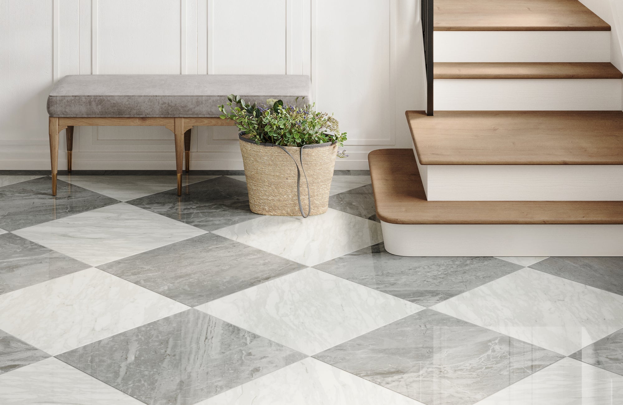 Elegant entryway featuring glossy checkerboard tiles in marble tones beneath a curved staircase.
