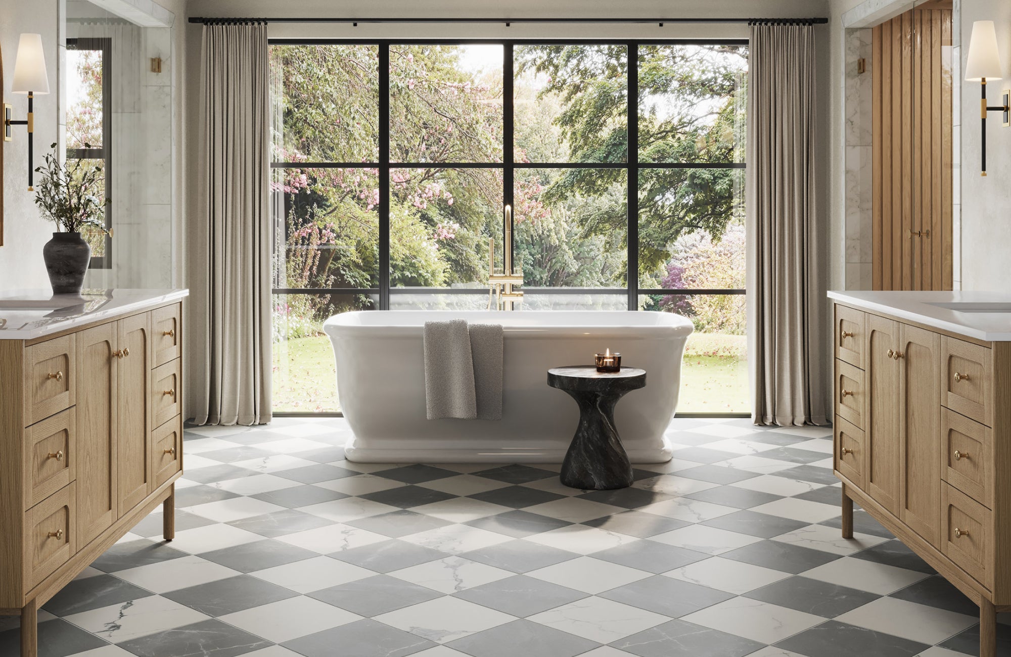 Luxurious bathroom with matte porcelain checkerboard tile flooring in Calacatta and Amani Grey.