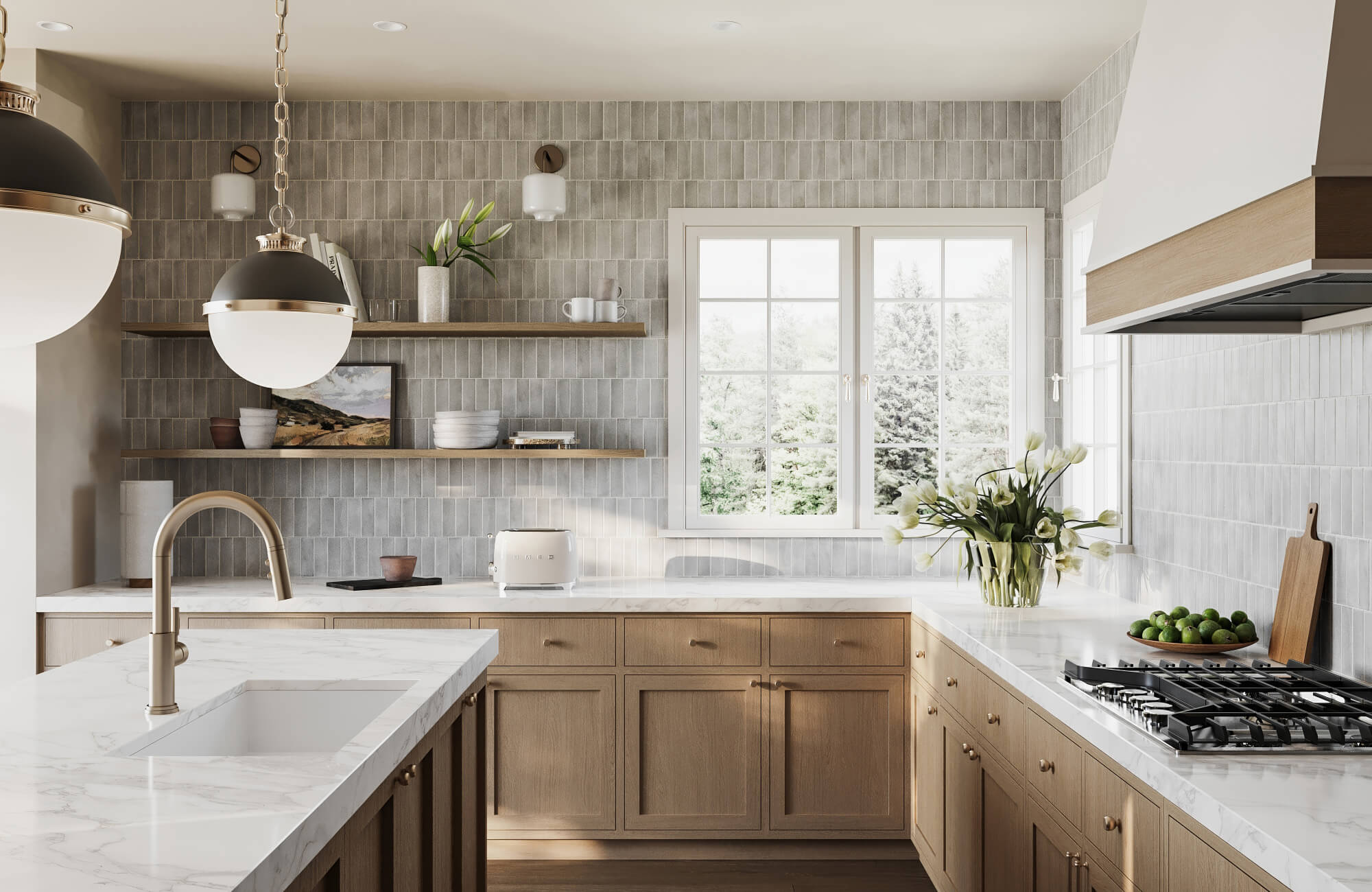 null A bright kitchen features soft earth-tone backsplash tiles in a vertical stack layout, paired with rift-cut oak cabinets and brass fixtures for a cozy-modern look.