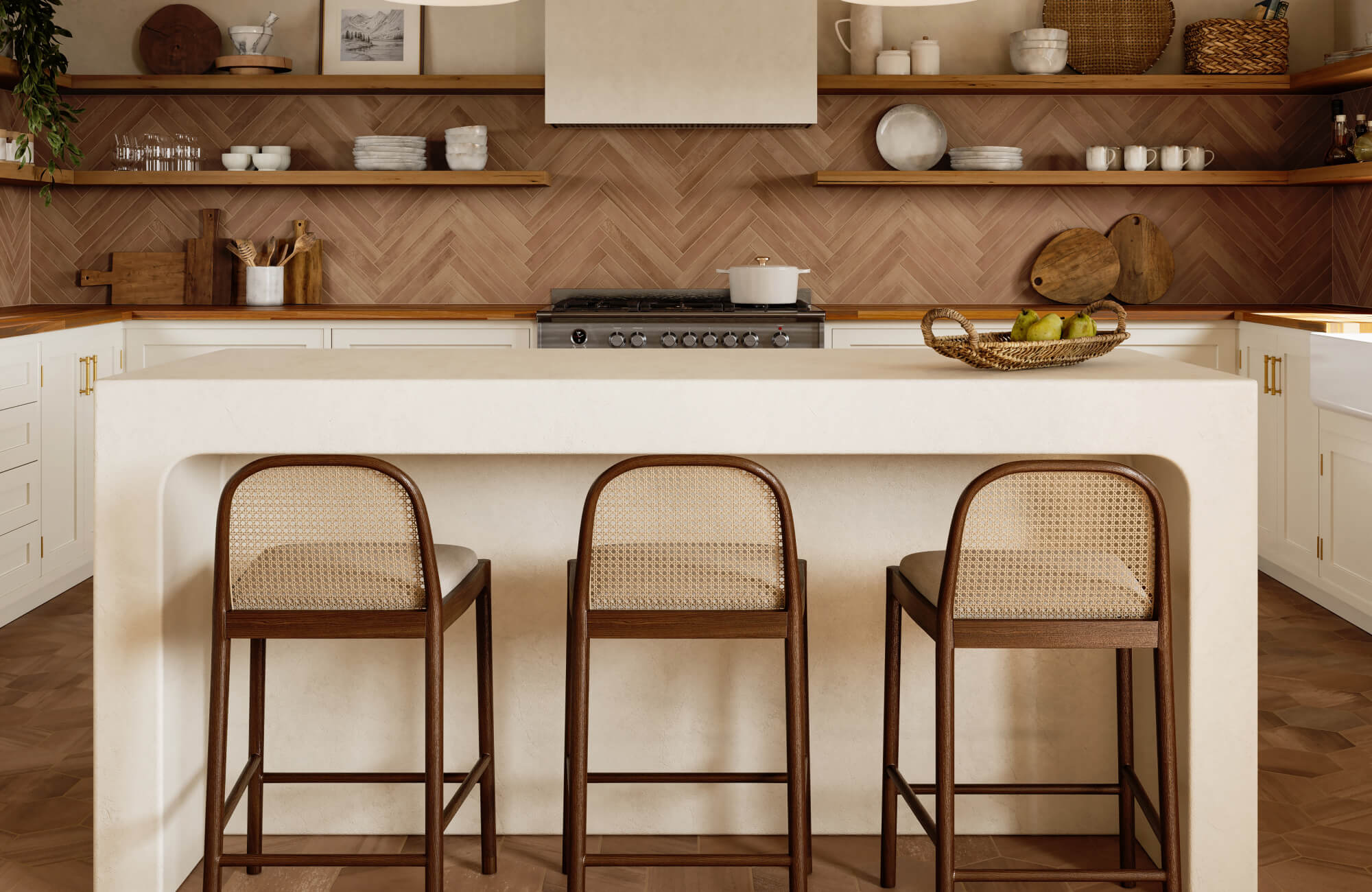 null Herringbone backsplash in warm clay tones anchors a cozy kitchen with cane-back stools, open shelving, and a sculpted off-white island.