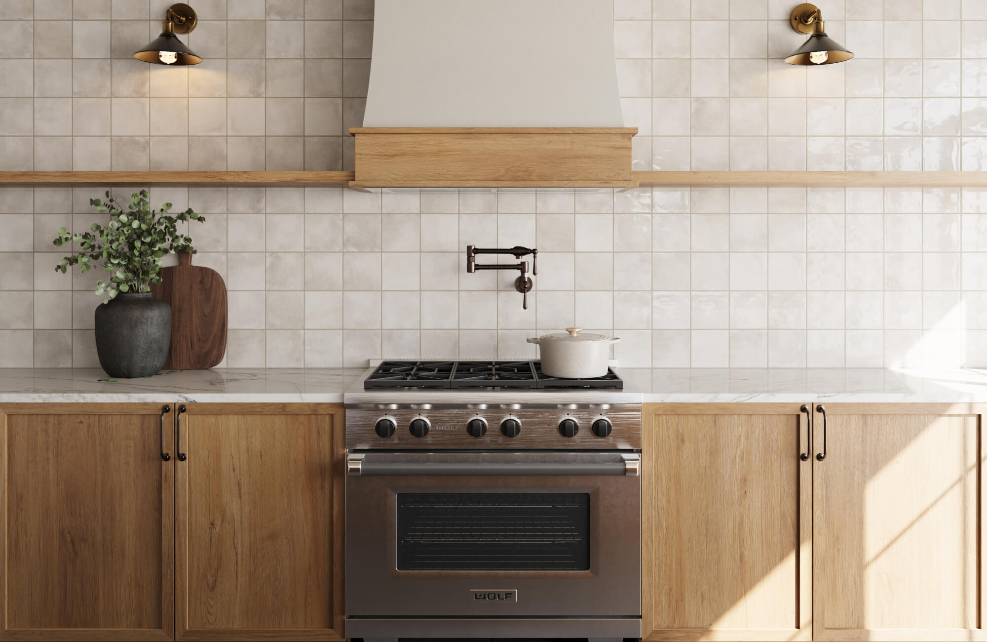 null Glossy off-white tiles and natural wood cabinets frame a central range with pot filler and floating shelves in this warm, minimalist cooking space.