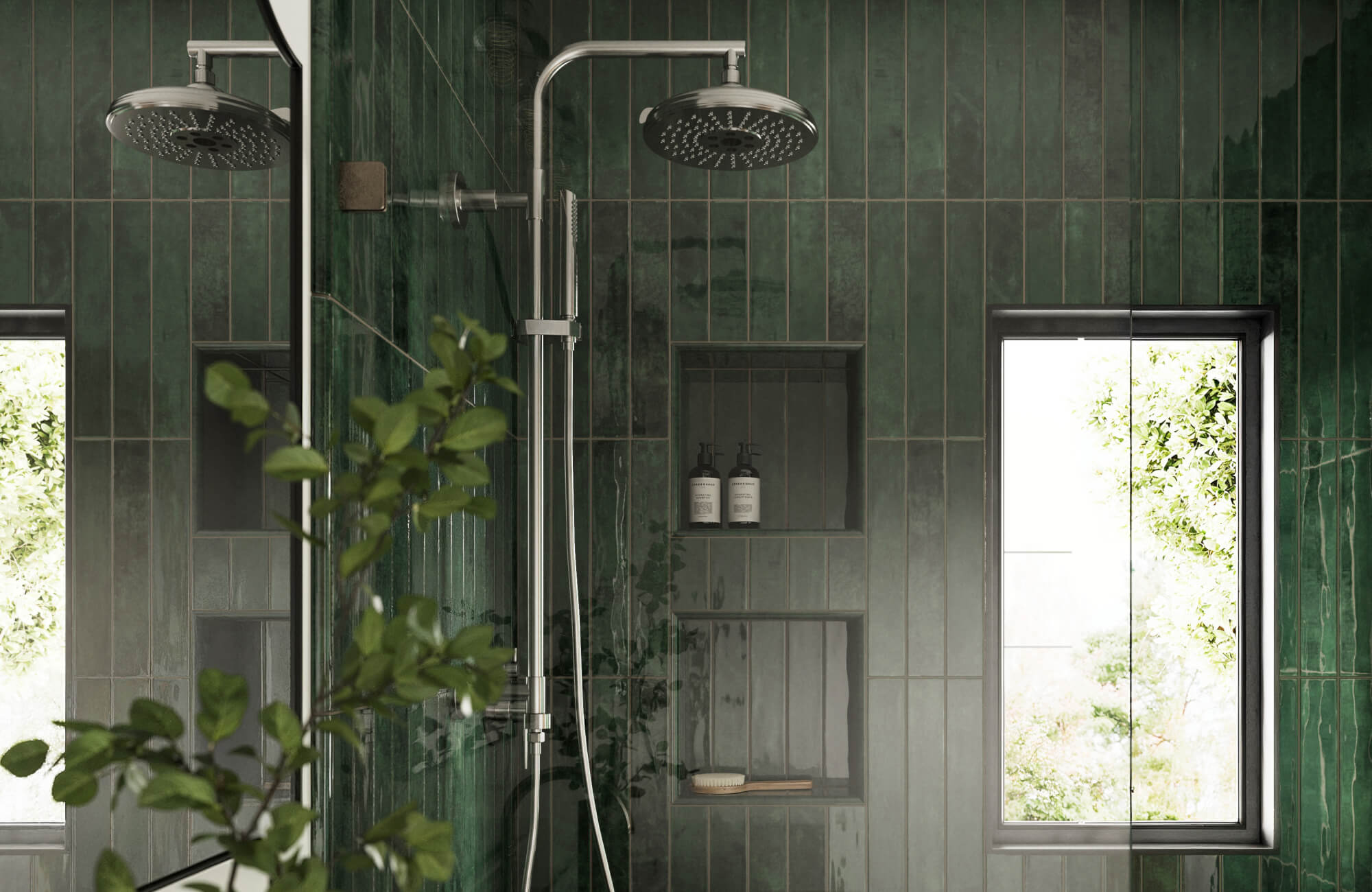 null Glossy green ceramic tiles add depth and contrast to this walk-in shower, featuring built-in niches, chrome fixtures, and a sunlit window view.