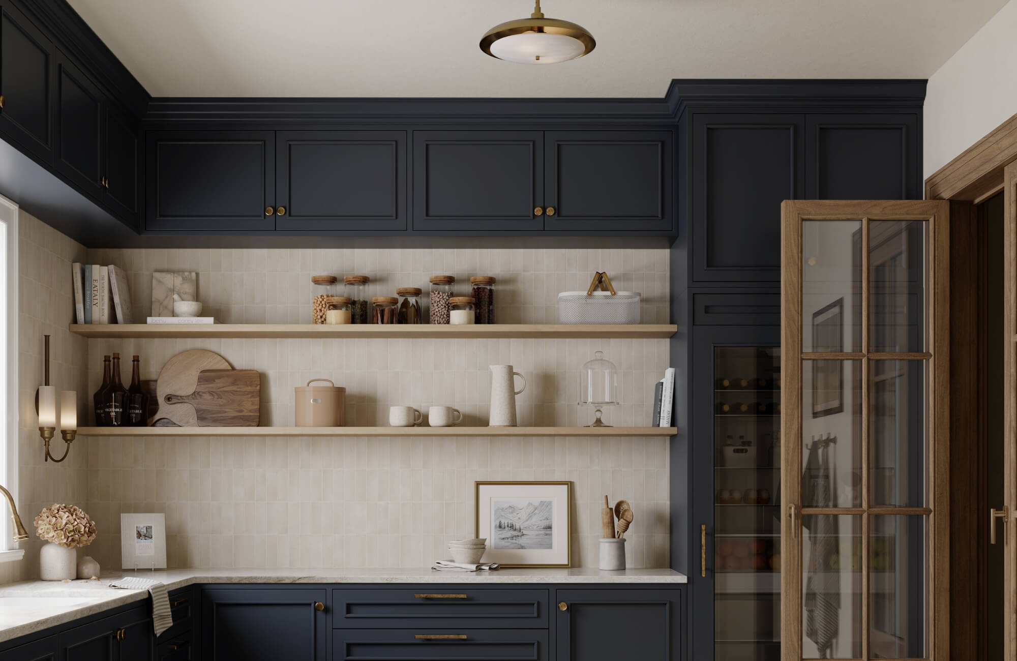 null A soft beige tiled backsplash pairs with navy cabinetry and warm wood shelves for a refined, earthy kitchen look.