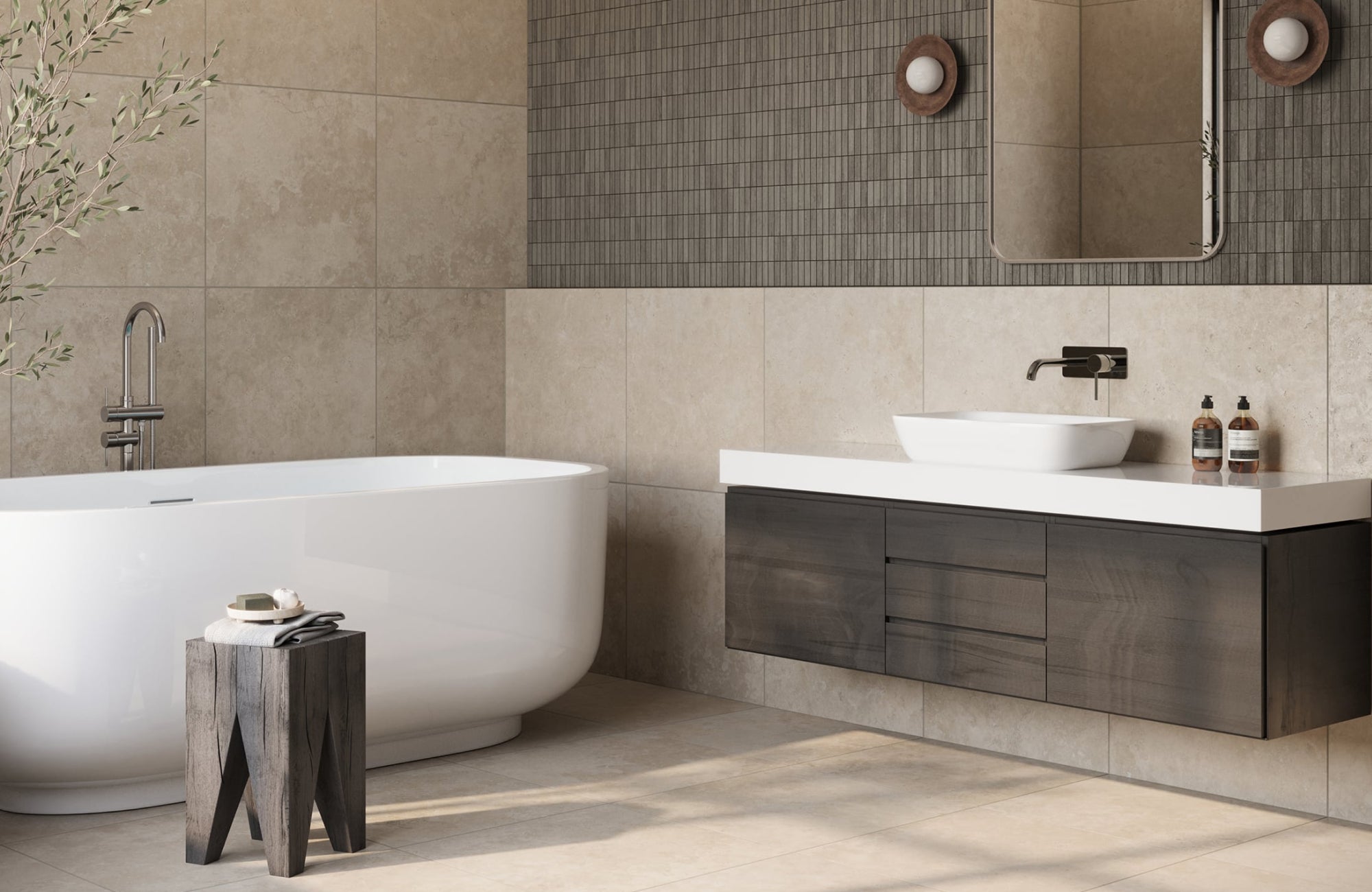 null Dark wood floating vanity with sleek white basin, paired with a freestanding tub in a neutral-toned spa bathroom.
