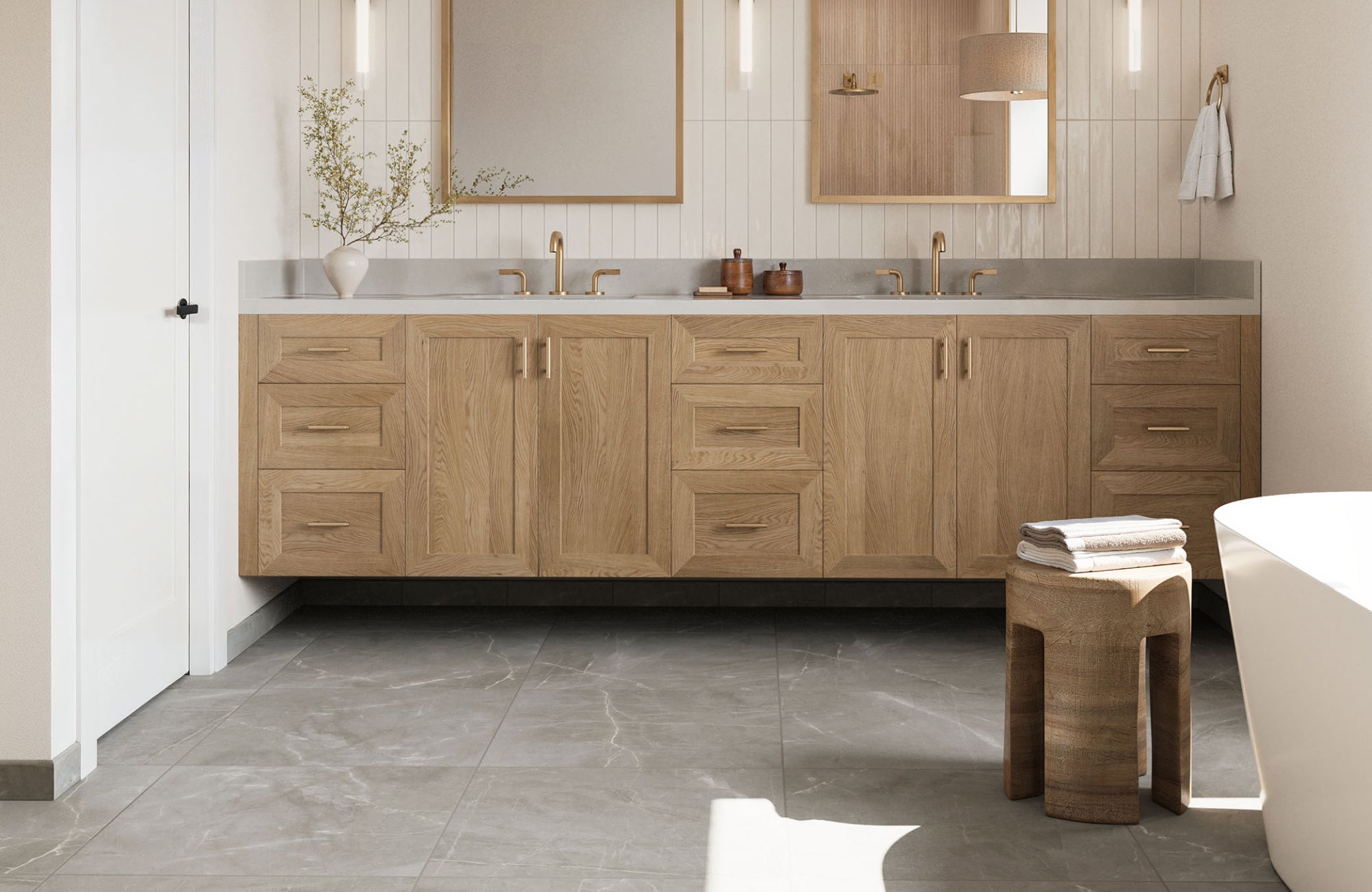 null Classic floating vanity with shaker drawers and gold fixtures, perfect for traditional and transitional bathrooms.