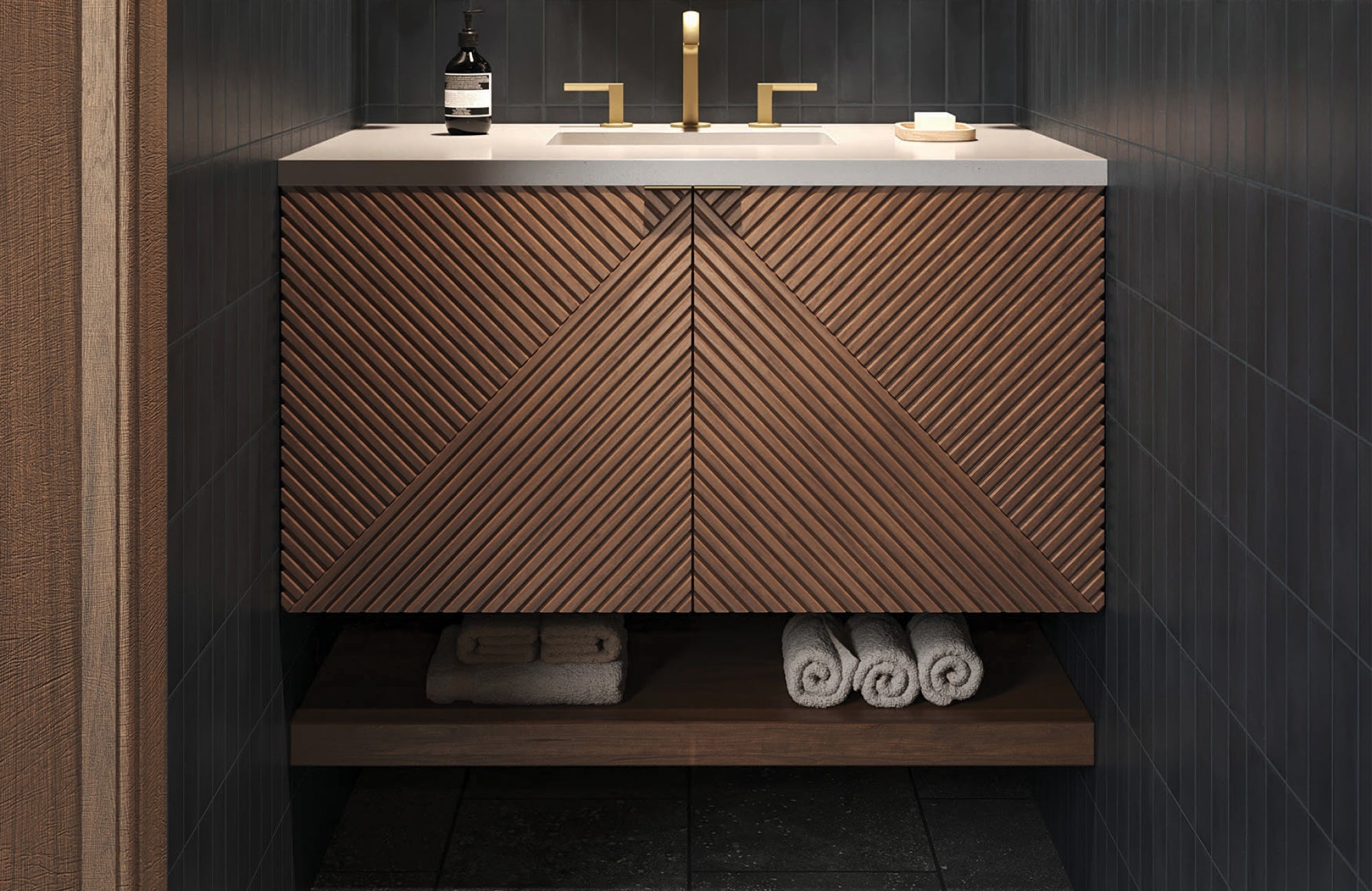 null Mid-century modern floating vanity with ribbed geometric wood detailing and open shelf for towel storage.