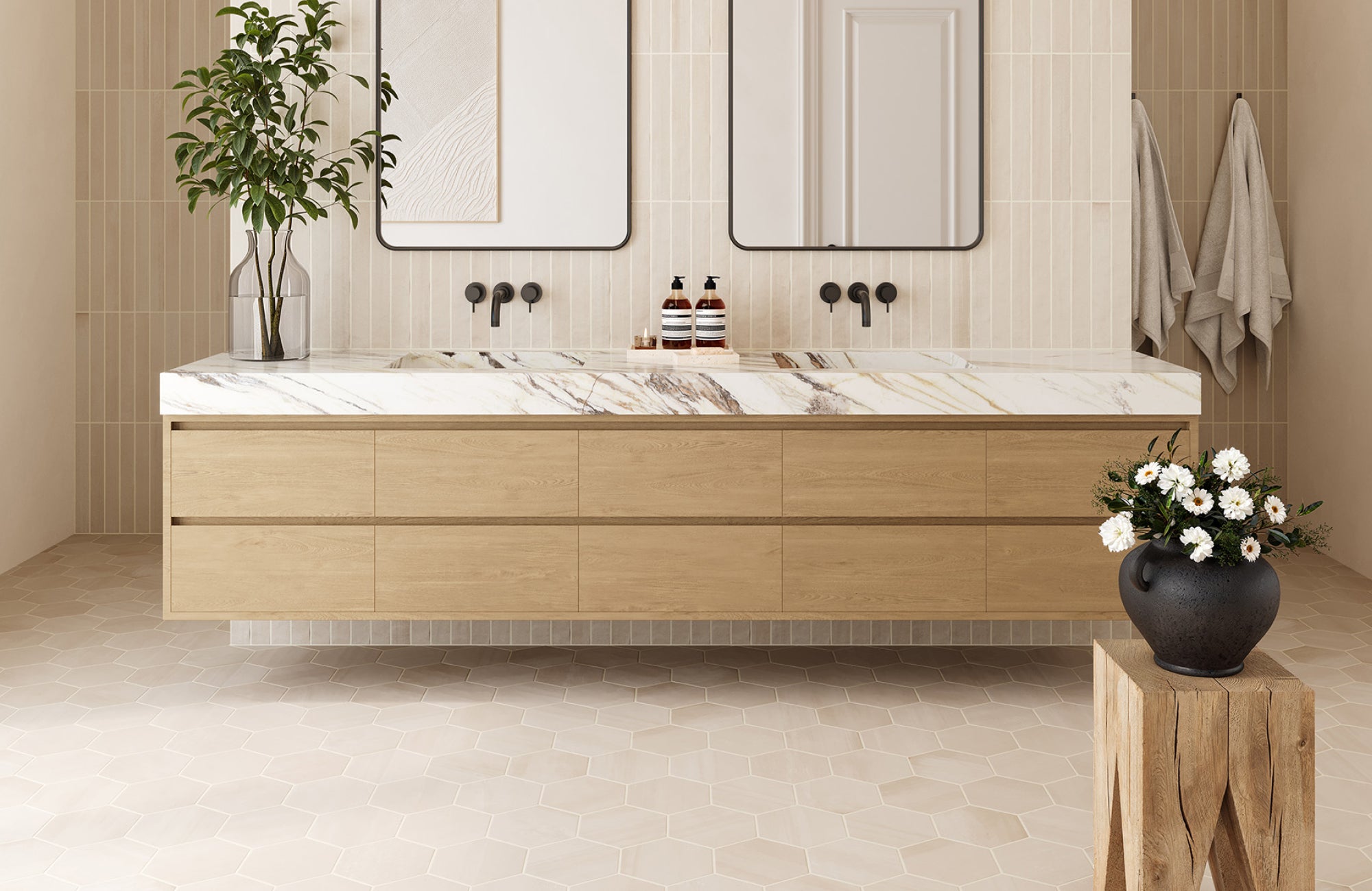 null Floating double vanity with a natural wood finish and marble countertop, styled in a bright, minimalist bathroom with dual mirrors.