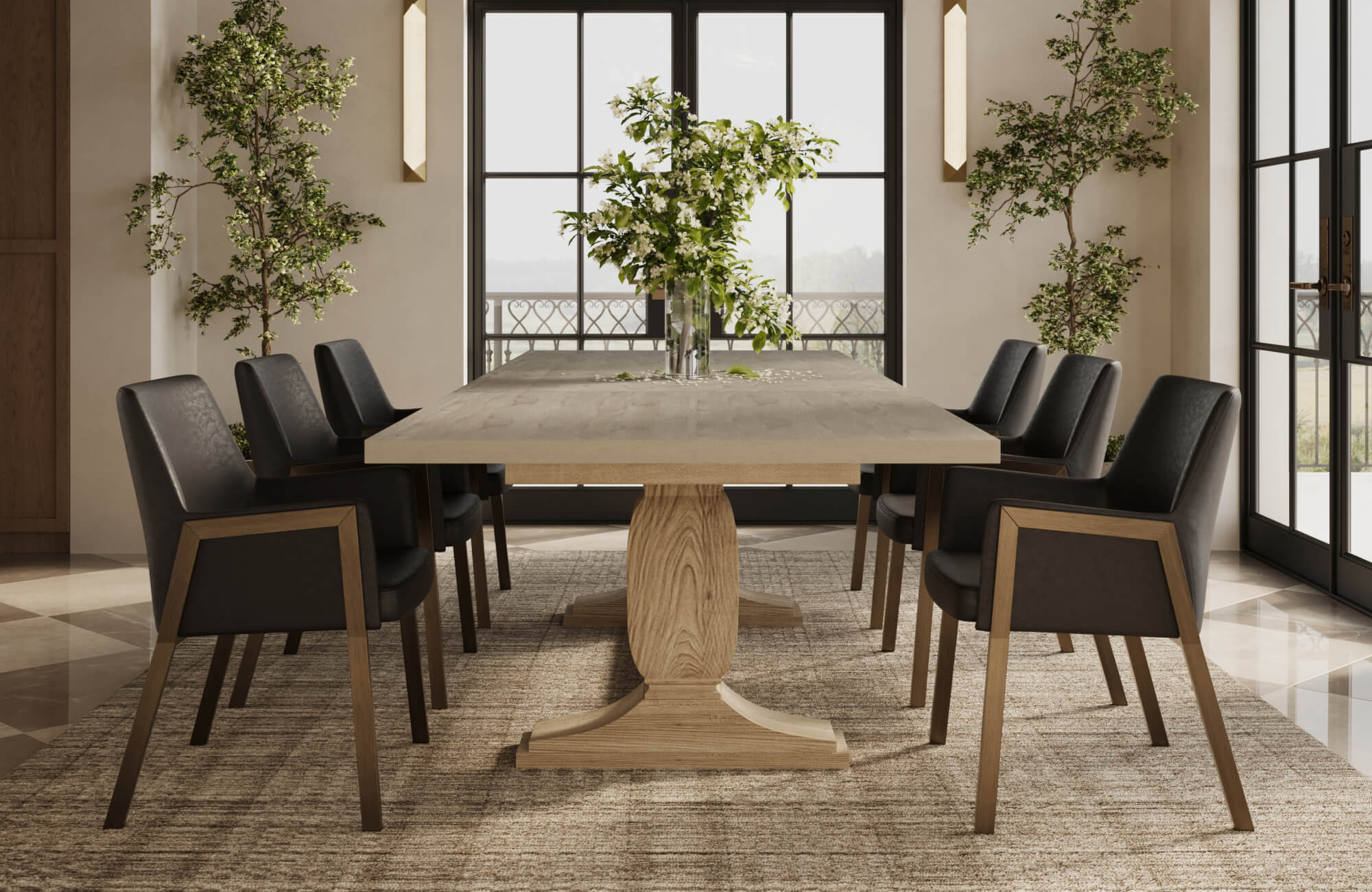 null A refined dining room features a sculptural wood dining table as a warm alternative to a glass dining table, paired with sleek black chairs, natural greenery, and expansive windows that create a balanced, upscale atmosphere.