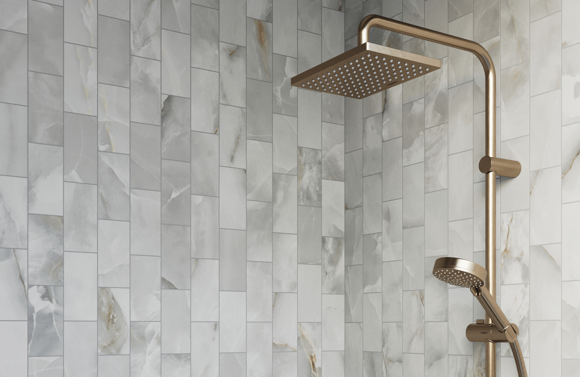 null Elegant shower wall with marble look grey subway tiles featuring subtle veining, paired with a brushed gold rainfall showerhead for a luxurious touch.