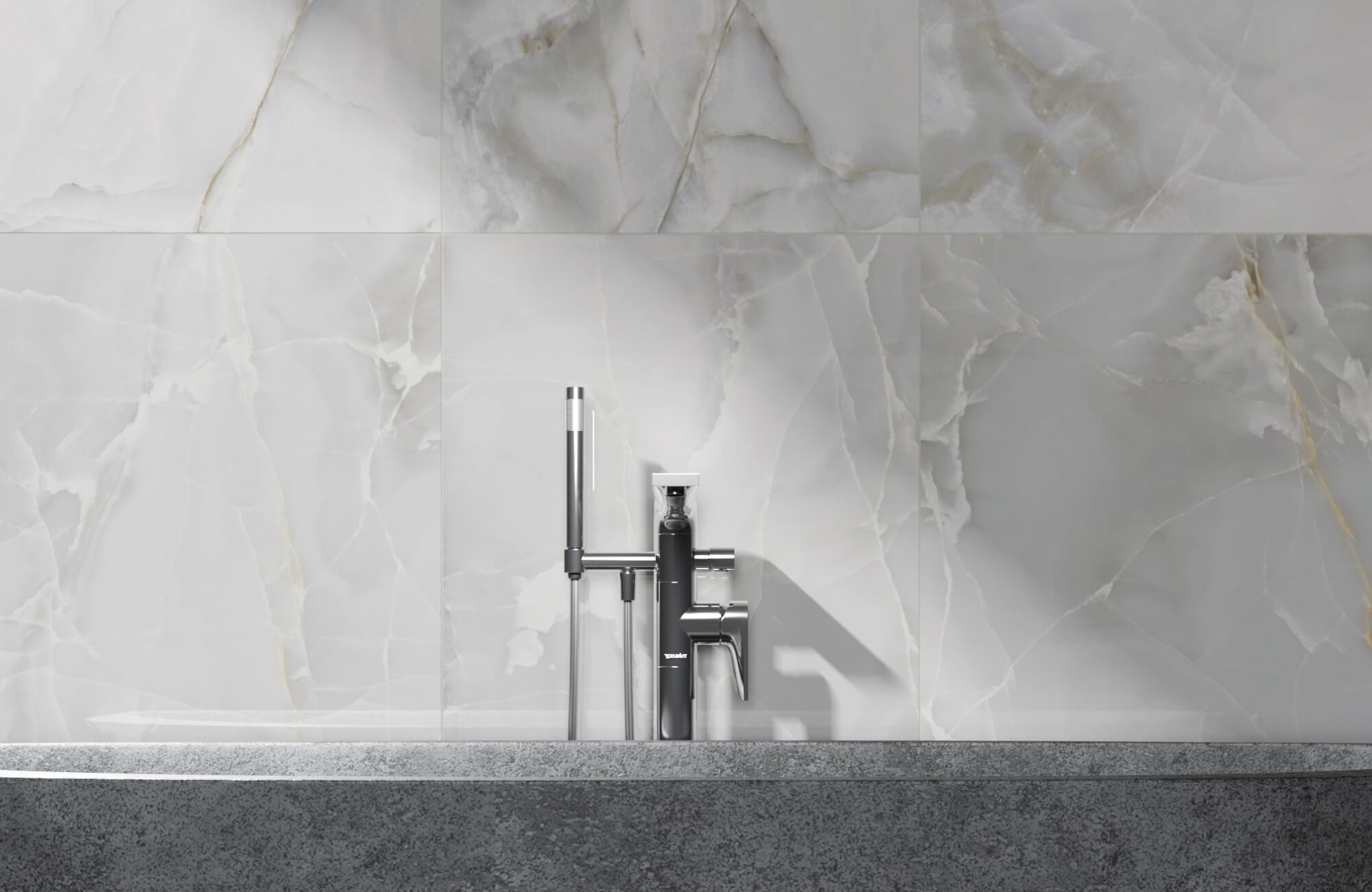 null Luxurious bathroom wall featuring large, onyx look grey tiles with soft veining, paired with a sleek chrome faucet and minimalist design.