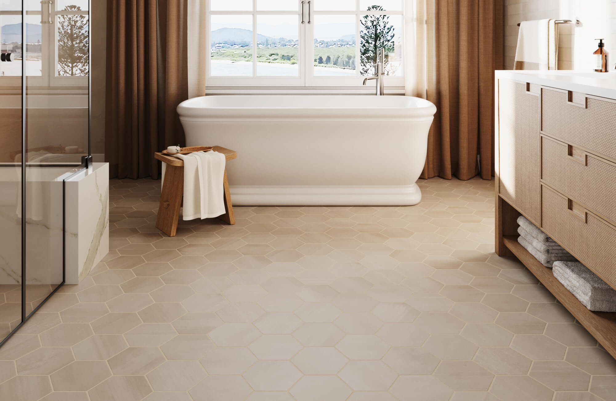 null Serene bathroom with a freestanding tub, warm hexagon tile flooring, and natural wood accents for a spa-like atmosphere.