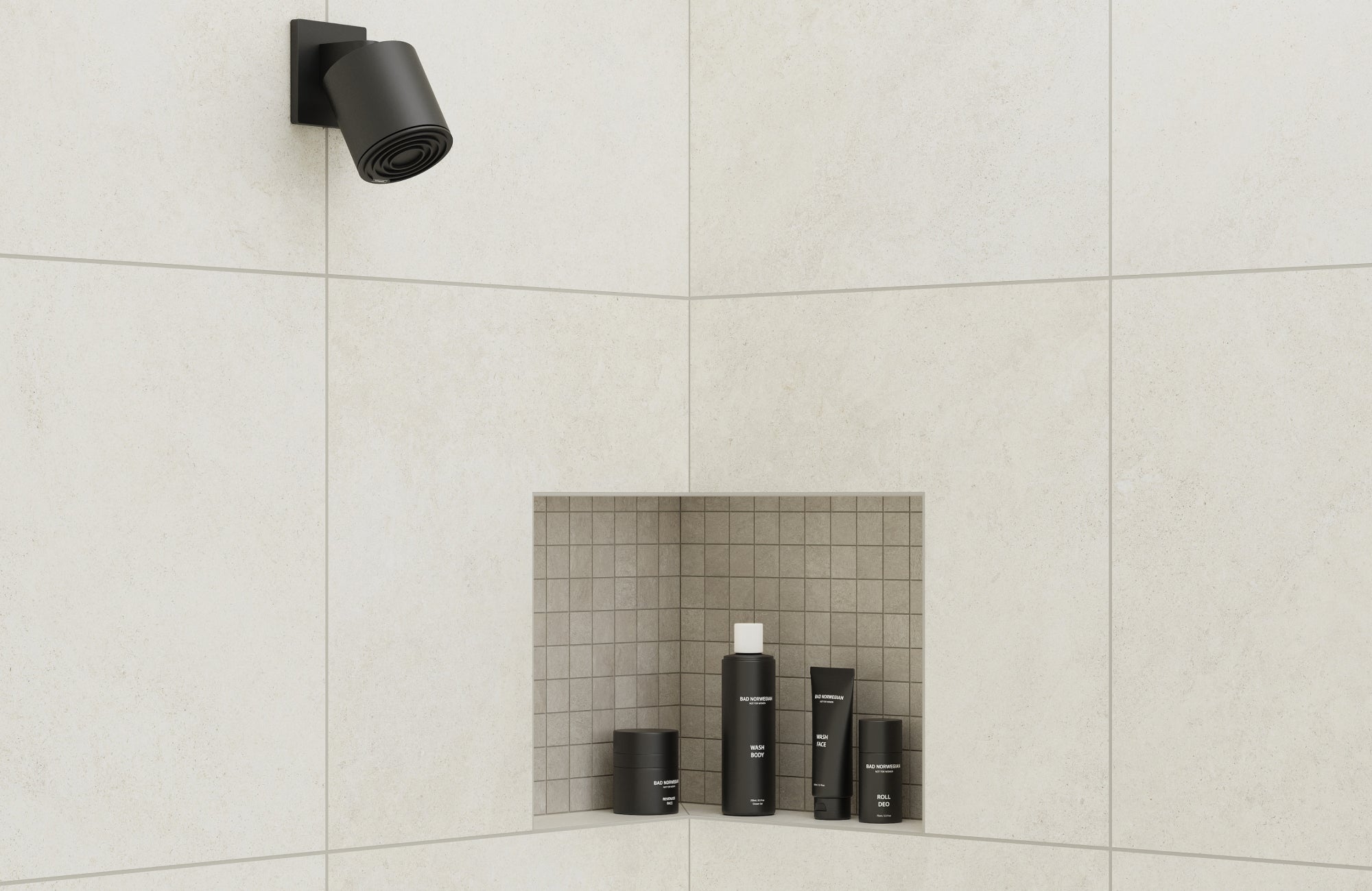 Matte finish large-format tiles installed in a shower, emphasizing clean grout lines and durable surface detail.