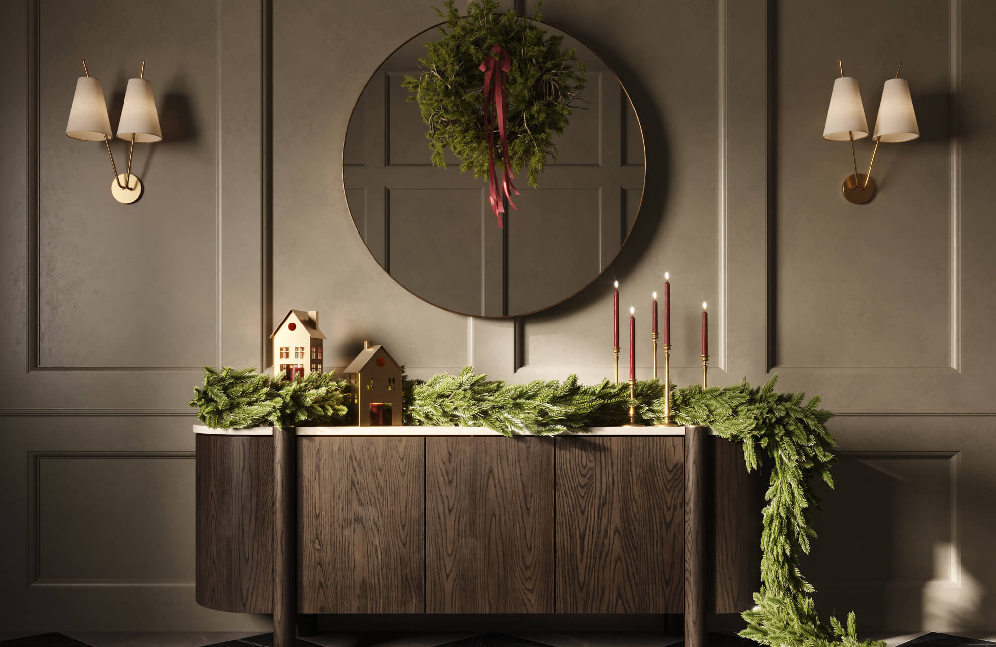 null A vintage-inspired interior showcasing a large wall mirror with an ornate gold frame, adding timeless elegance and reflective brightness to the softly textured wall backdrop.