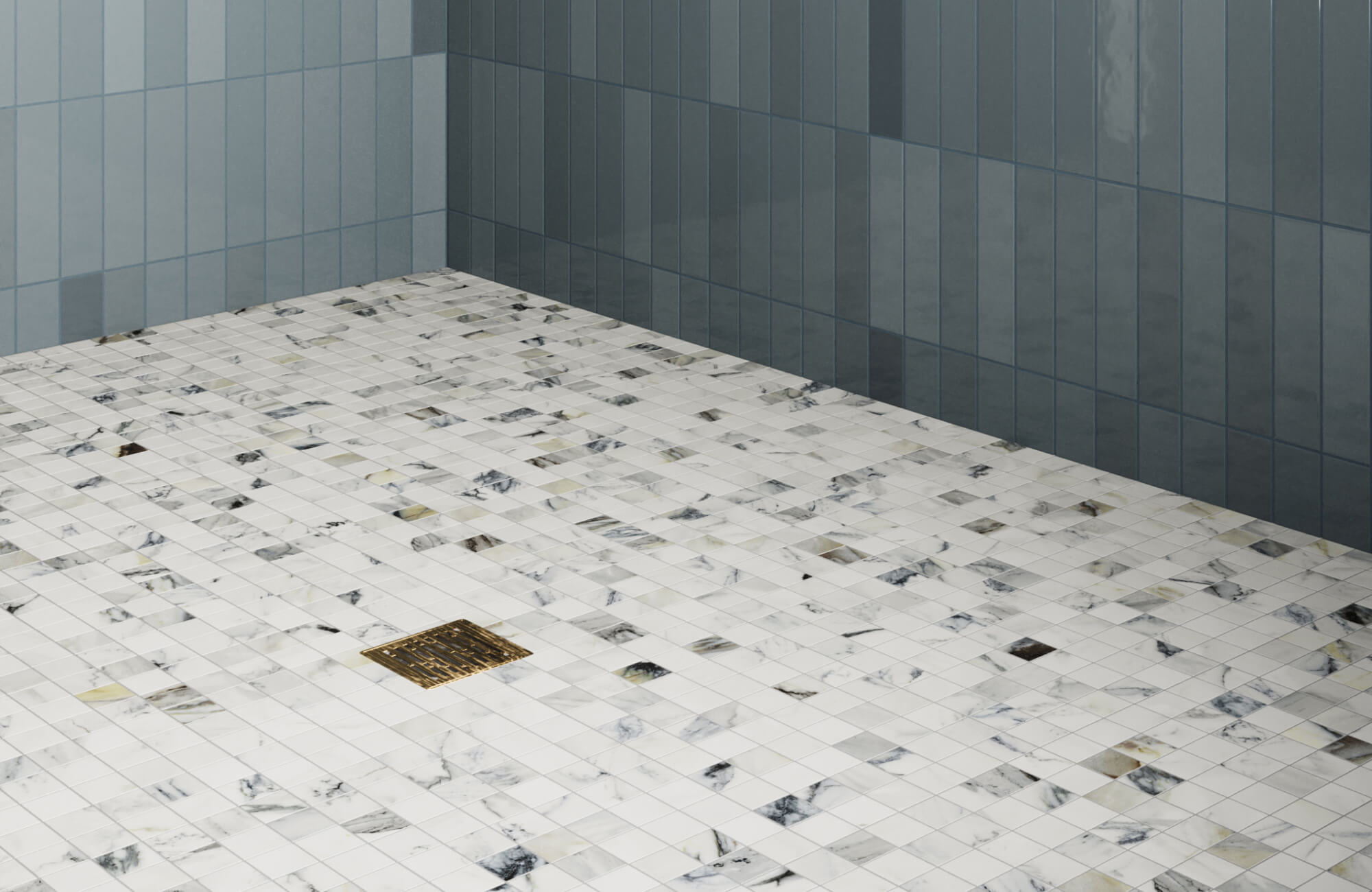 null Luxurious bathroom featuring blue subway tiles on the walls and a marble mosaic floor with a brass drain accent.