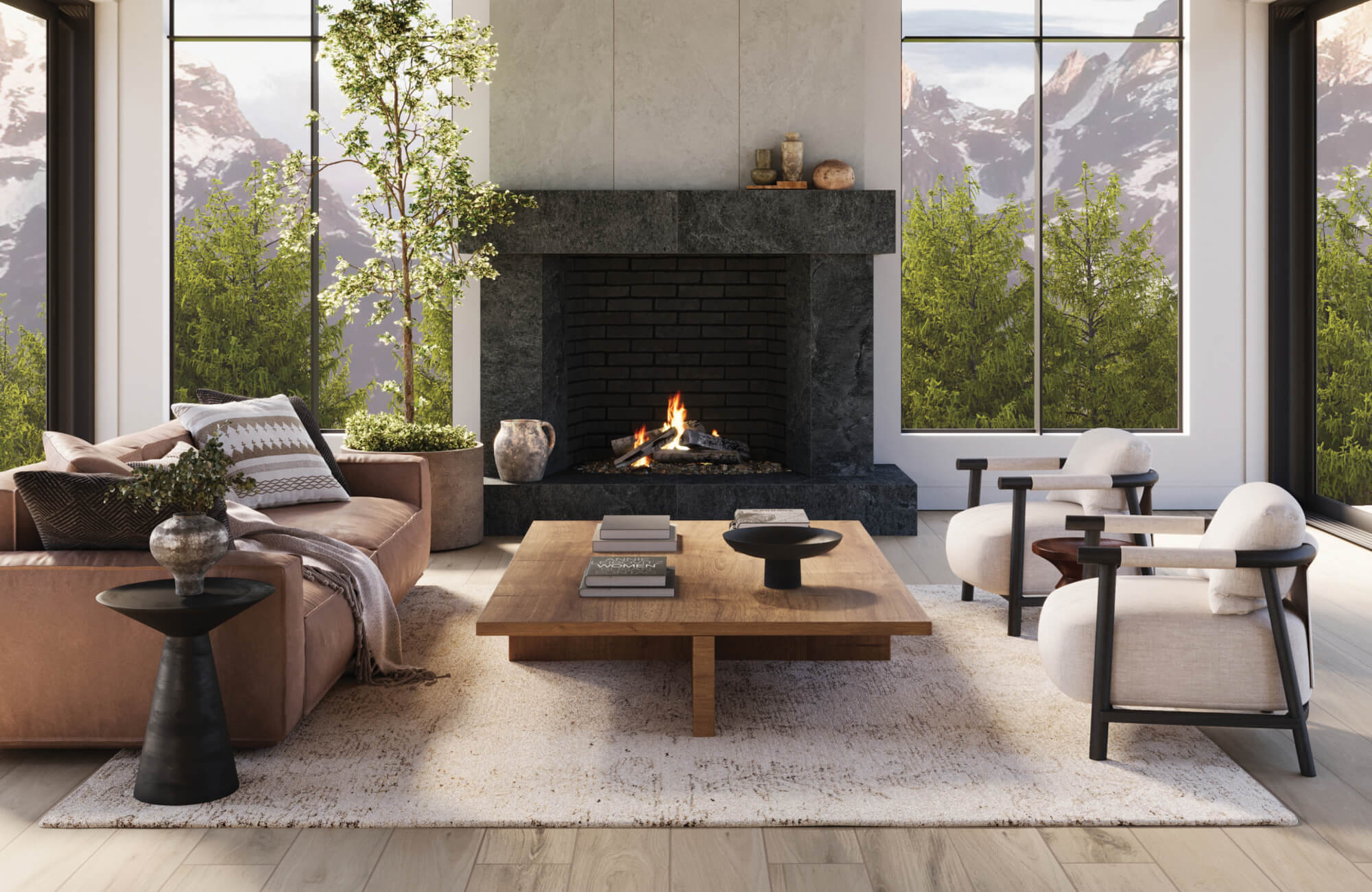 Cozy mountain-view living room with light wood look tile flooring, a rug, a dark stone fireplace, and modern rustic furnishings.