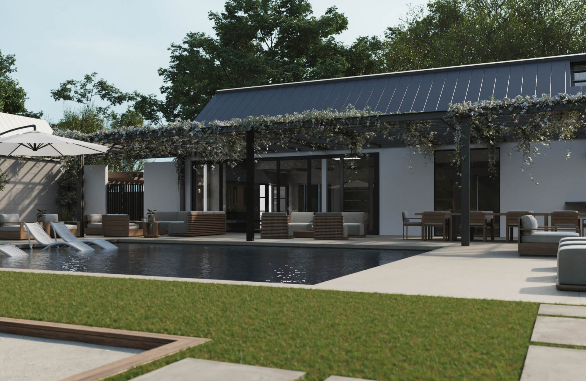 Sleek poolside design featuring smooth porcelain paver tiles, shaded loungers, and a modern pergola wrapped in trailing floral vines